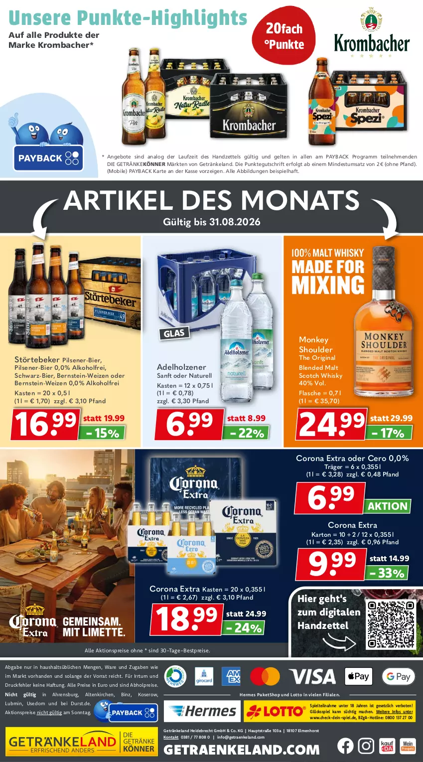 Aktueller Prospekt Getraenkeland - von 03.08 bis 15.08.2026 - strona 10 - produkty: abholpreise, adelholzener, aktionspreis, alkohol, angebot, angebote, bestpreis, bestpreise, bier, corona, corona extra, eis, Elan, flasche, getränk, getränke, gin, Holz, krombache, krombacher, LG, mac, natur, payback, pils, pilsener, reis, rel, scotch, scotch whisky, störtebeker, Ti, whisky