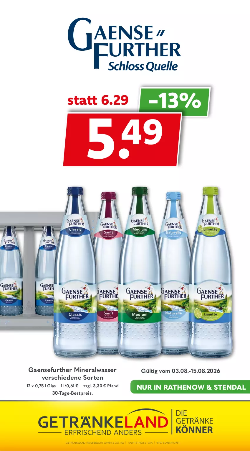 Aktueller Prospekt Getraenkeland - von 03.08 bis 15.08.2026 - strona 13 - produkty: Alwa, bestpreis, eis, Elan, getränk, getränke, mineralwasser, reis, Ti, wasser
