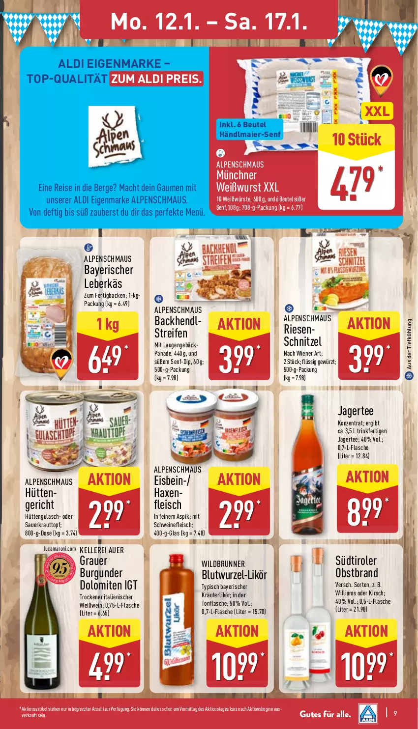 Aktueller Prospekt Aldi Nord - Von Montag - von 12.01 bis 17.01.2026 - strona 11 - produkty: aldi, amaro, auer, aus der tiefkühlung, axe, Backhendl, beutel, burgunder, dip, eis, elle, flasche, fleisch, gewürz, gin, grauer burgunder, gulasch, händlmaier, Haxe, Hendl, Jagertee, kirsch, Kraut, kräuter, kräuterlikör, leberkäs, likör, mac, Maus, obst, Obstbrand, reifen, reis, Sauerkraut, schnitzel, schwein, schweine, schweinefleisch, senf, südtiroler, tee, Ti, topf, wein, weine, Weißwein, Weißwurst, wiener, Wild, wurst, ZTE