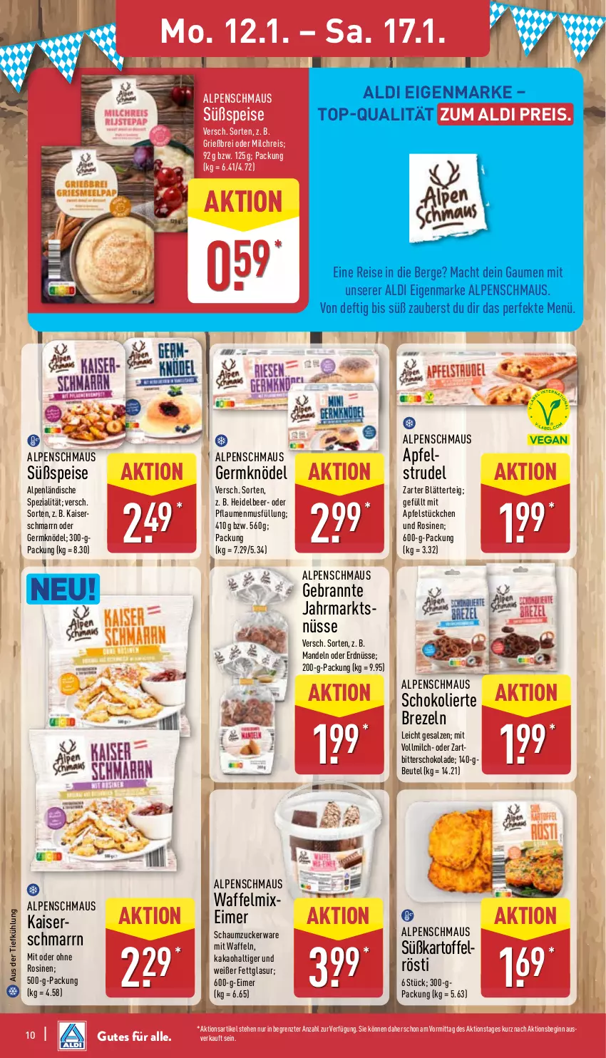 Aktueller Prospekt Aldi Nord - Von Montag - von 12.01 bis 17.01.2026 - strona 12 - produkty: aldi, apfel, Apfelstrudel, aus der tiefkühlung, beutel, blätterteig, Brei, brezel, Brezeln, eimer, eis, erdnüsse, Germ, gin, Kaiser, Kaiserschmarrn, kakao, kartoffel, Knödel, mac, mandel, mandeln, Maus, milch, milchreis, pflaume, pflaumen, pflaumenmus, reis, salz, Schaumzucker, schoko, schokolade, Spezi, Strudel, Ti, vollmilch, waffeln, Zartbitterschokolade, ZTE, zucker