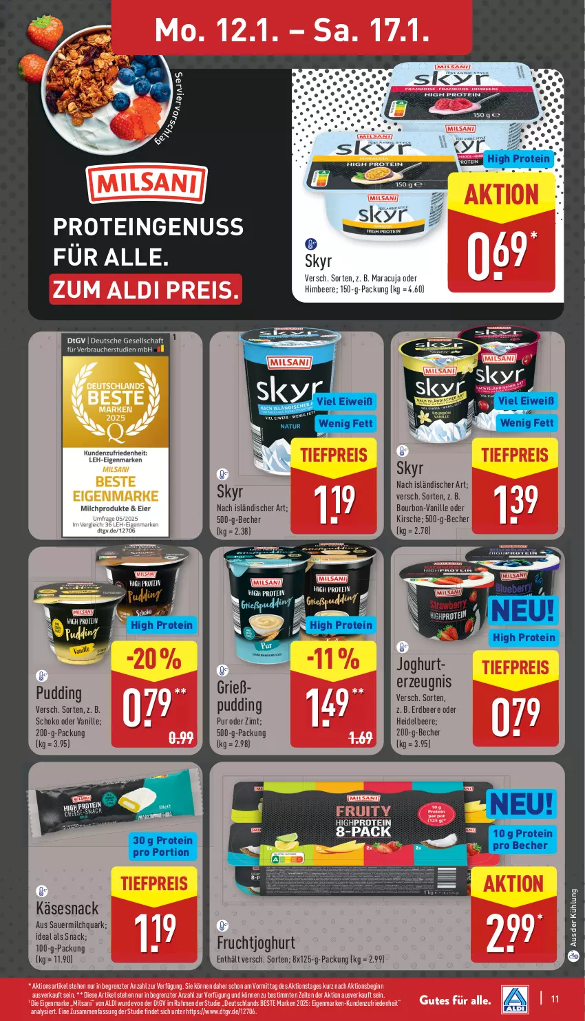 Aktueller Prospekt Aldi Nord - Von Montag - von 12.01 bis 17.01.2026 - strona 13 - produkty: aldi, auer, Becher, beere, bourbon, eis, erdbeere, frucht, fruchtjoghurt, gin, Grießpudding, heidelbeere, himbeer, himbeere, joghur, joghurt, Käse, kirsch, kirsche, maracuja, milch, nuss, pudding, quark, reis, schoko, Skyr, snack, Ti, tiefpreis, vanille, ZTE