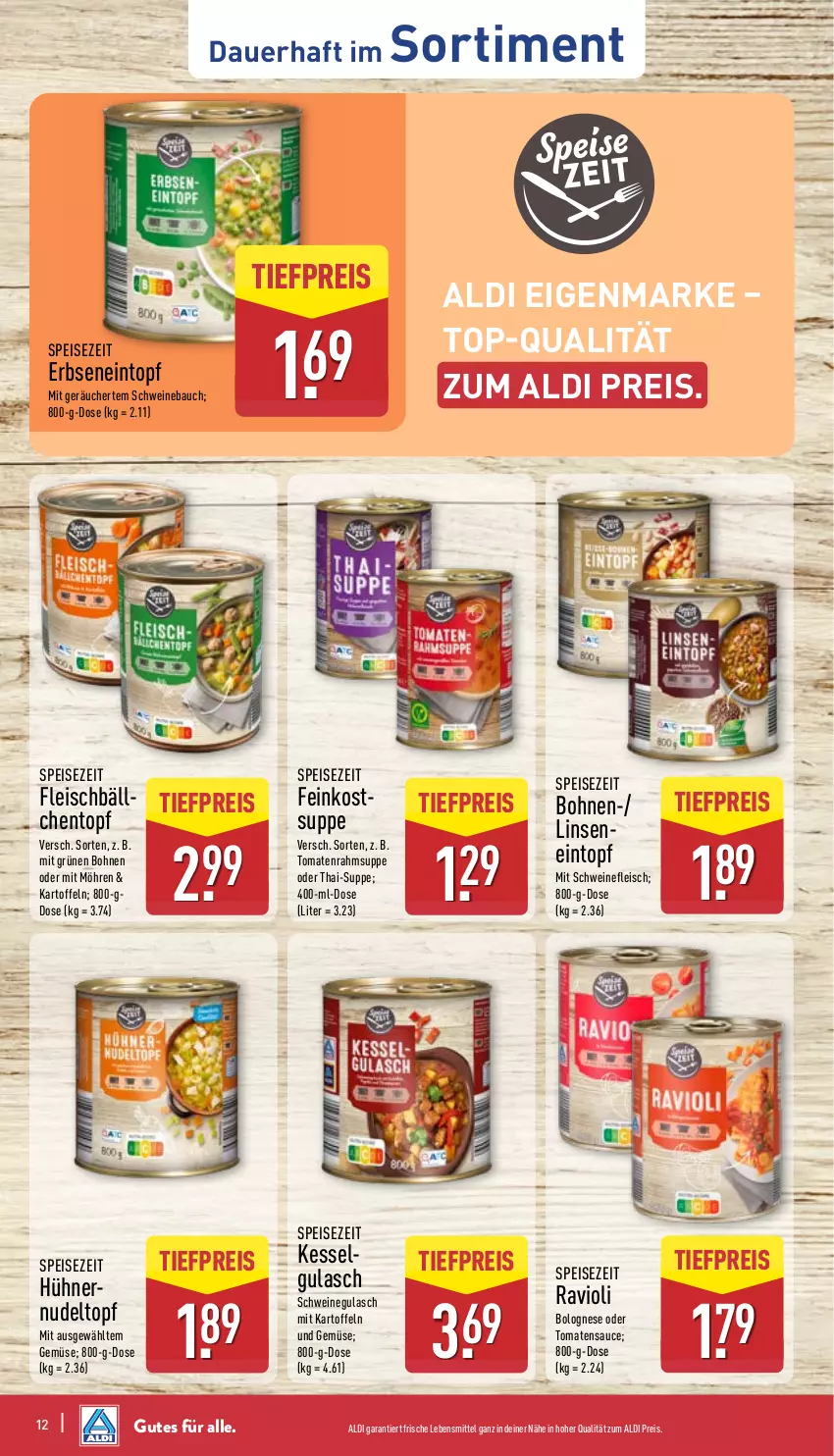 Aktueller Prospekt Aldi Nord - Von Montag - von 12.01 bis 17.01.2026 - strona 14 - produkty: aldi, auer, Bau, bohne, bohnen, bolognese, eintopf, eis, erbsen, feinkost, fleisch, gin, gulasch, hühner, kartoffel, kartoffeln, lebensmittel, LG, linsen, möhren, nudel, ravioli, reis, sauce, schwein, schweine, Schweinebauch, schweinefleisch, schweinegulasch, suppe, Ti, tiefpreis, tomate, tomaten, tomatensauce, topf, und gemüse, wein, weine, ZTE