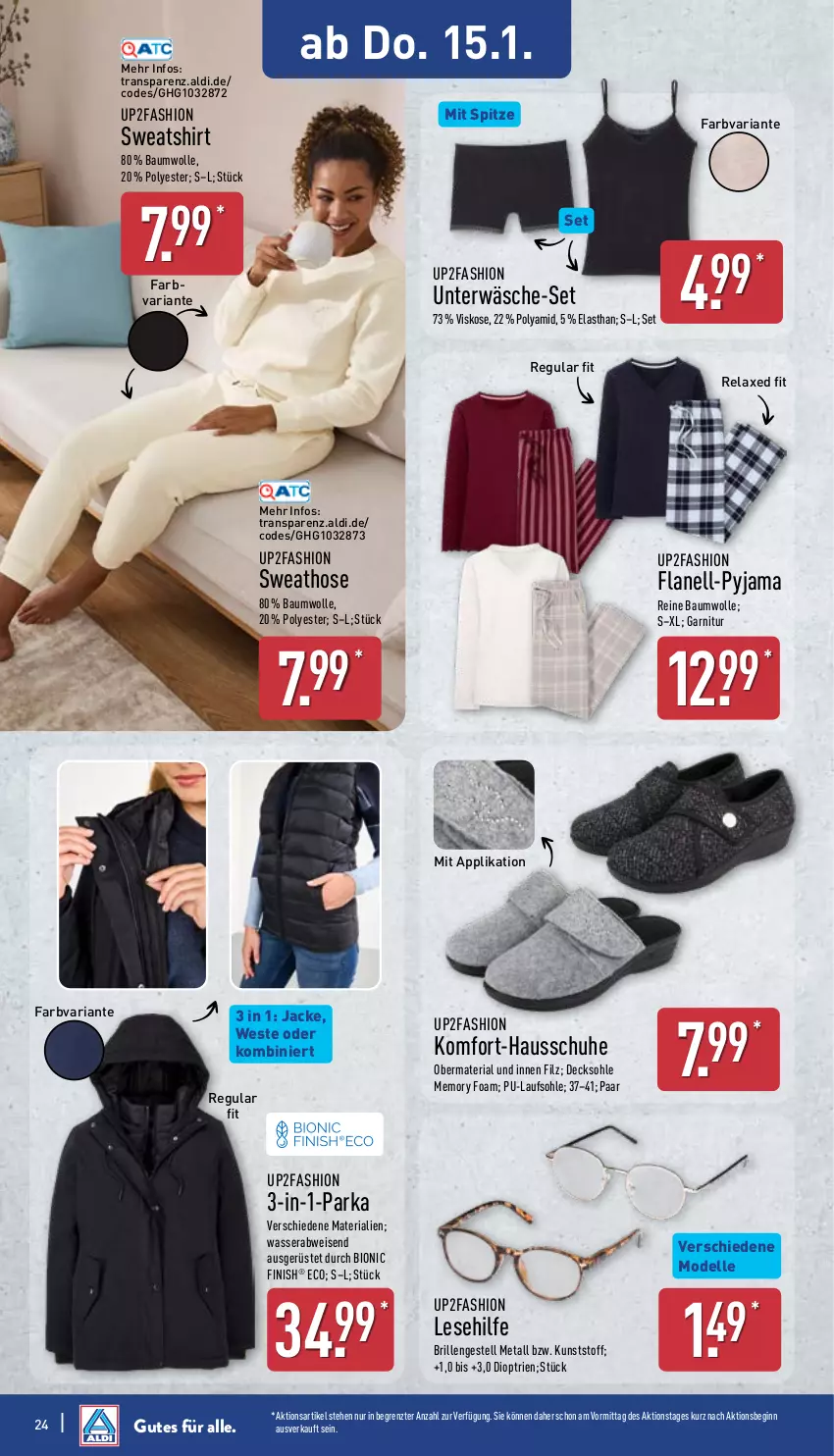 Aktueller Prospekt Aldi Nord - Von Montag - von 12.01 bis 17.01.2026 - strona 28 - produkty: aldi, axe, Bau, baumwolle, bio, Brille, decksohle, dell, eis, elle, Finish, garnitur, gin, Hausschuhe, hose, Jacke, Mode, Parka, Pyjama, reine baumwolle, rel, Ria, schuhe, shirt, Sweathose, Sweatshirt, Ti, up2fashion, wasser, Weste, wolle, ZTE