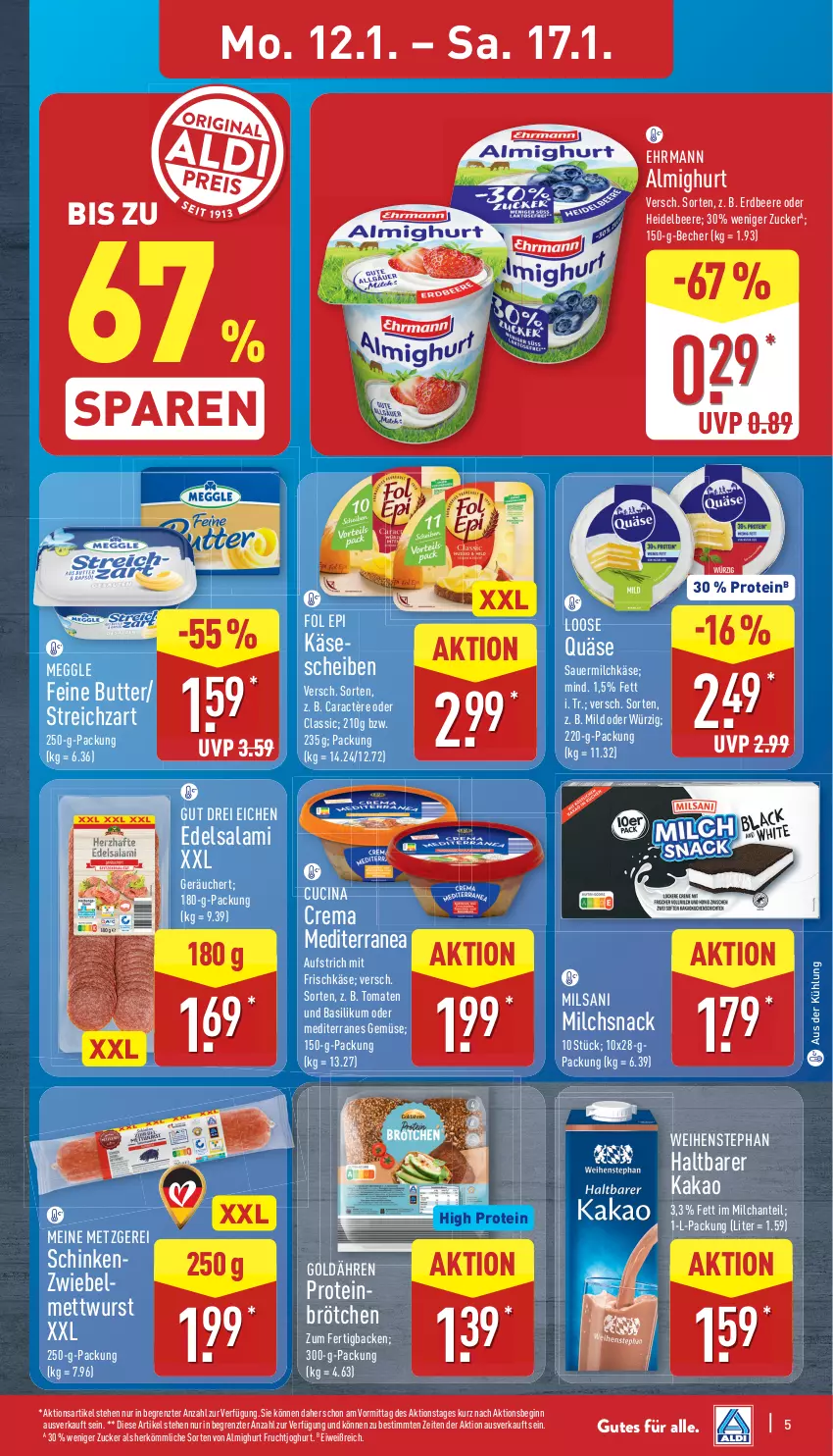 Aktueller Prospekt Aldi Nord - Von Montag - von 12.01 bis 17.01.2026 - strona 7 - produkty: almighur, almighurt, auer, aufstrich, basilikum, Becher, beere, brötchen, butter, caractère, cin, Edelsalami, ehrmann, ehrmann almighurt, erdbeere, fol epi, frischkäse, frucht, fruchtjoghurt, gin, heidelbeere, joghur, joghurt, kakao, Käse, käsescheiben, Loose, meggle, Mett, mettwurst, milch, quäse, salami, Sauermilchkäse, schinken, snack, Streichzart, Ti, tomate, tomaten, weihenstephan, wurst, ZTE, zucker, zwiebel, zwiebelmettwurst