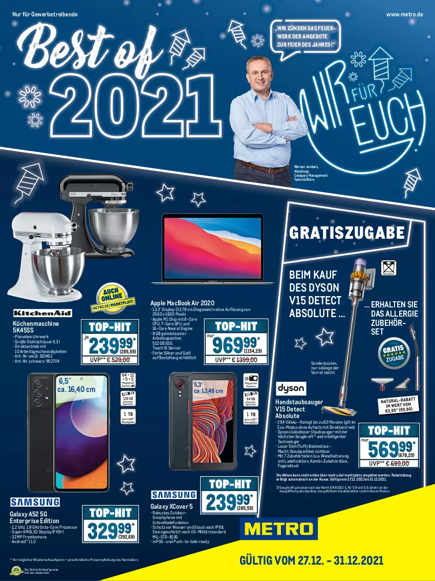 Aktueller Prospekt Metro - Best of 2021 - von 27.12 bis 31.12.2021 - strona 1 - produkty: Abtei, akku, angebot, angebote, Apple, auto, Behälter, Dyson, eier, eis, elle, ente, erde, frontkamera, gin, handstaubsauger, Intel, kamera, kraft, küche, Küchen, küchenmaschine, LG, mac, macbook, macbook air, Metro, natur, natura, reis, rwe, schnellladefunktion, schüssel, smartphone, sonderposten, ssd, staubsauger, teller, Ti, tisch, wandhalterung, wasser