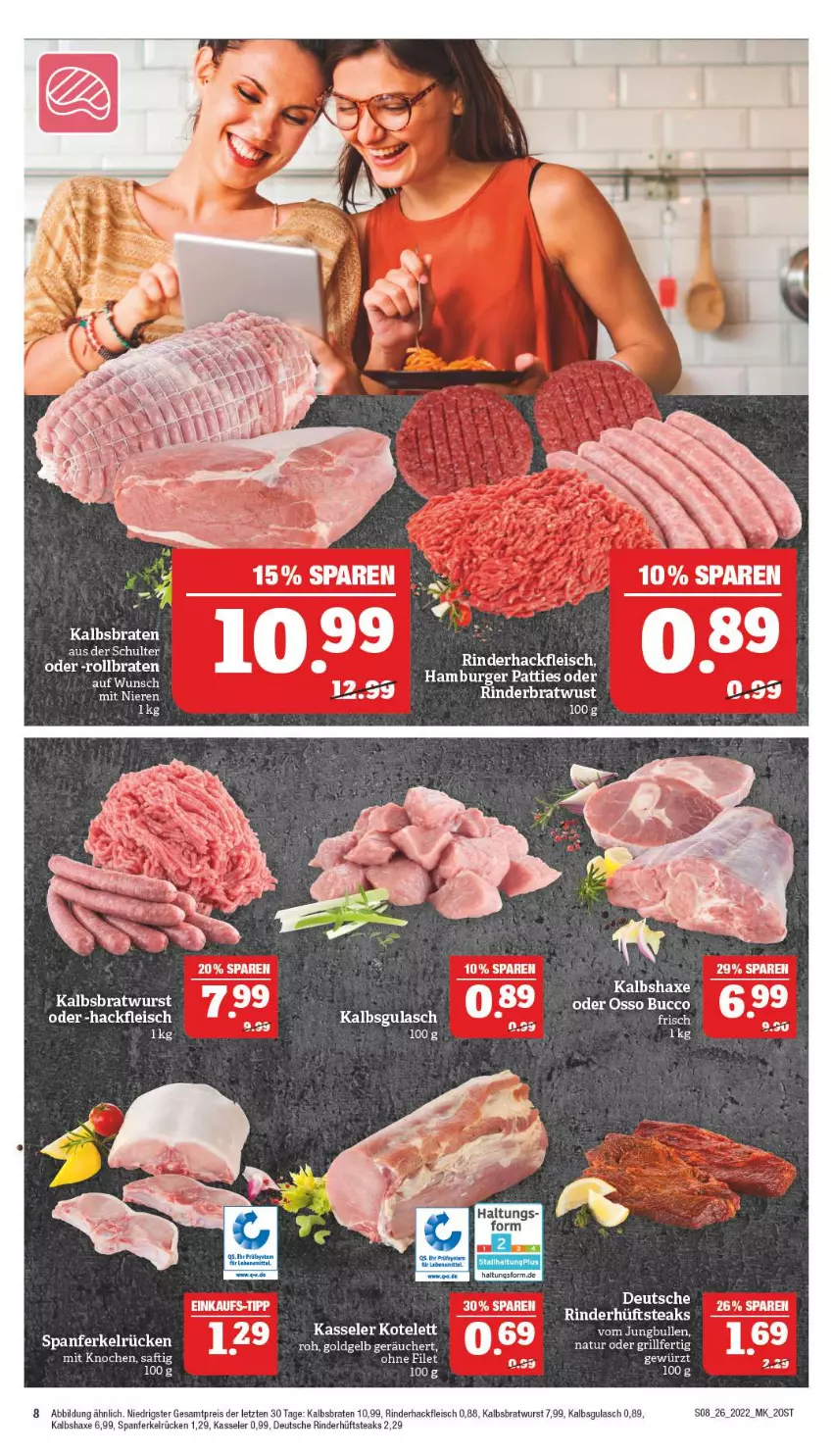 Aktueller Prospekt Marktkauf - Prospekt - von 26.06 bis 02.07.2022 - strona 12 - produkty: axe, braten, bratwurst, burger, eis, fleisch, gewürz, grill, gulasch, hackfleisch, hamburger, Haxe, hüftsteak, hüftsteaks, Kalbsbratwurst, Kalbshaxe, kasseler, kotelett, natur, reis, rind, rinder, rinderhackfleisch, saft, steak, steaks, Ti, wurst, ZTE