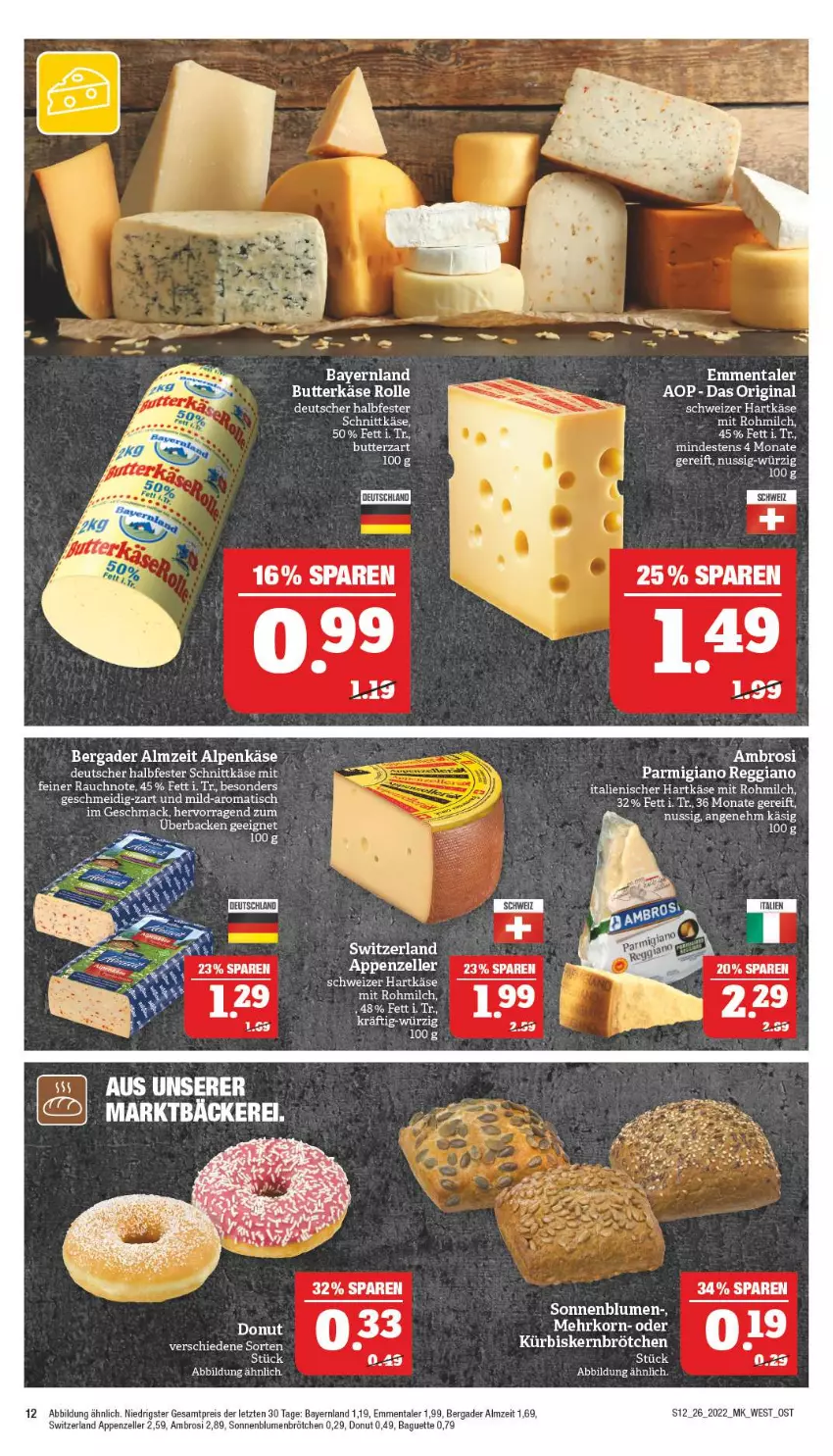 Aktueller Prospekt Marktkauf - Prospekt - von 26.06 bis 02.07.2022 - strona 16 - produkty: appenzeller, baguette, bergader, blume, blumen, brötchen, butter, butterkäse, Donut, eis, elle, emmentaler, gin, halbfester schnittkäse, hartkäse, italienischer hartkäse, Käse, korn, Kürbis, Kürbiskernbrötchen, mac, milch, nuss, parmigiano, parmigiano reggiano, Rauch, reggiano, reis, schnittkäse, schweizer hartkäse, sonnenblume, sonnenblumen, Sonnenblumenbrötchen, tee, Ti, tisch, ZTE