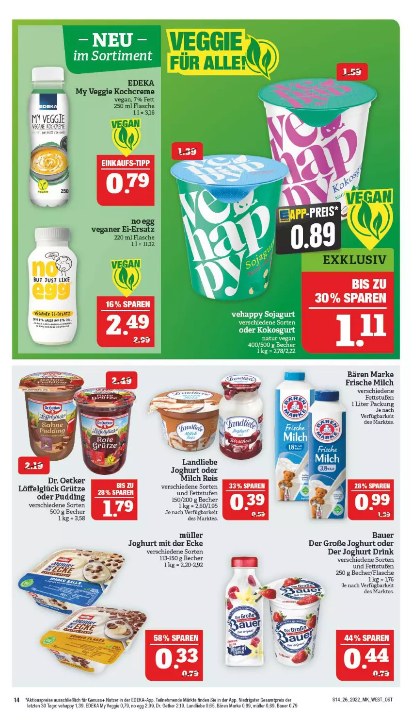 Aktueller Prospekt Marktkauf - Prospekt - von 26.06 bis 02.07.2022 - strona 18 - produkty: aktionspreis, auer, Bau, Bauer, Becher, creme, deka, Dr. Oetker, drink, eis, flasche, frische milch, grütze, joghur, joghurt, joghurt mit der ecke, Kochcreme, landliebe, landliebe joghurt, LG, Löffel, milch, Müller, nuss, reis, Ti, veggie, ZTE