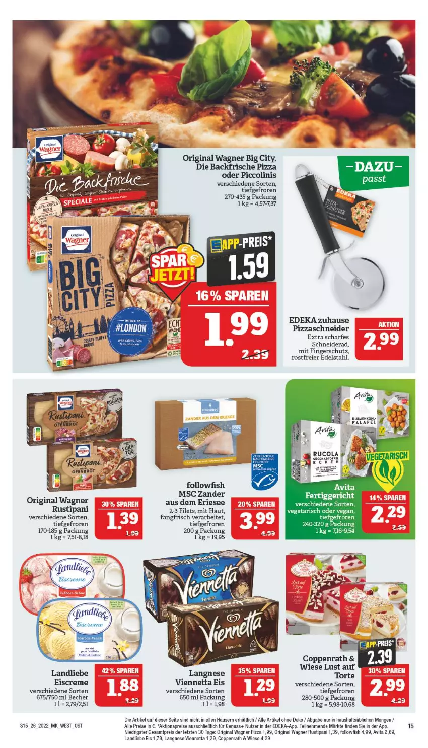 Aktueller Prospekt Marktkauf - Prospekt - von 26.06 bis 02.07.2022 - strona 19 - produkty: aktionspreis, Becher, cola, coppenrath, creme, deka, edelstahl, eier, eis, eiscreme, filet, filets, followfish, gin, kartoffel, landliebe, langnese, milch, nuss, oder piccolinis, original wagner, piccolinis, pizza, reis, rel, rucola, rustipani, sahne, Ti, torte, Vegeta, viennetta, vita, wagner, Zander, ZTE