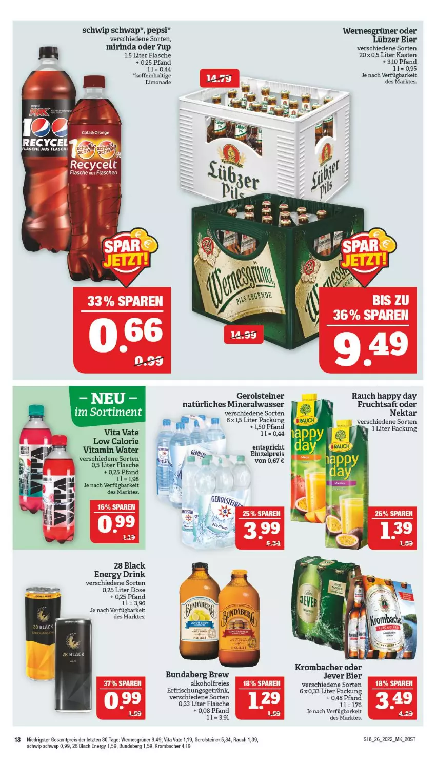 Aktueller Prospekt Marktkauf - Prospekt - von 26.06 bis 02.07.2022 - strona 22 - produkty: 7UP, alkohol, Alwa, bier, Bundaberg, drink, eis, energy drink, erfrischungsgetränk, flasche, frucht, fruchtsaft, gerolsteine, gerolsteiner, getränk, Happy Day, jever, krombache, krombacher, lack, limo, limonade, Lübzer, mineralwasser, Mirinda, natürliches mineralwasser, Nektar, pepsi, Rauch, reis, rind, saft, Schwip Schwap, steiner, Ti, vita, wasser, ZTE