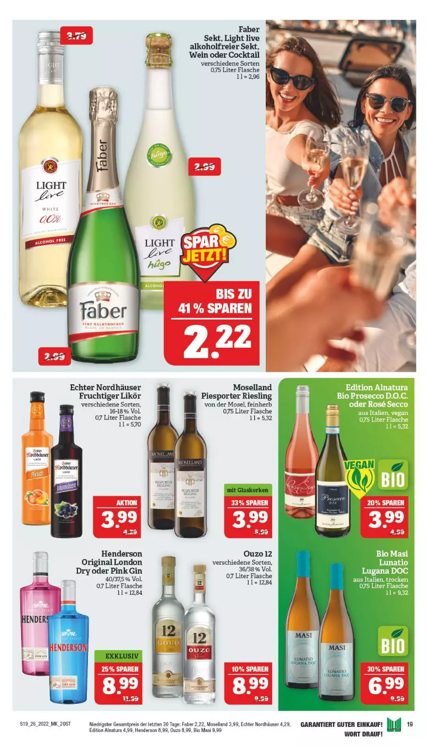 Aktueller Prospekt Marktkauf - Prospekt - von 26.06 bis 02.07.2022 - strona 23 - produkty: alkohol, bio, cocktail, ecco, eier, eis, enders, flasche, frucht, gin, likör, london dry, moselland, natur, natura, ouzo, prosecco, reis, riesling, sekt, Sport, Ti, wein, ZTE