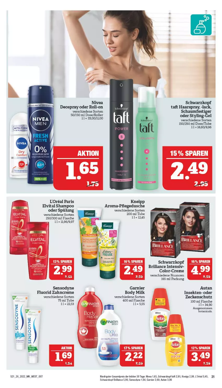 Aktueller Prospekt Marktkauf - Prospekt - von 26.06 bis 02.07.2022 - strona 25 - produkty: Autan, body, body milk, brillance, creme, deo, deospray, dusche, eis, elvital, flasche, garnier, haarspray, kneipp, l'oreal, lack, nivea, Nuance, pflegedusche, rama, reis, roll-on, Roller, schaumfestiger, schwarzkop, schwarzkopf, sekt, sensodyne, shampoo, spülung, Taft, Ti, vita, zahncreme, ZTE