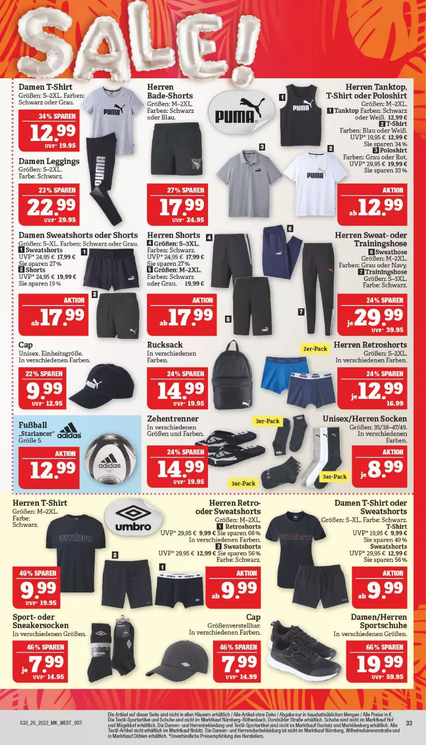 Aktueller Prospekt Marktkauf - Prospekt - von 26.06 bis 02.07.2022 - strona 37 - produkty: arla, Bad, ball, Cap, damen t-shirt, eis, elle, Fußball, gin, hose, kleid, Kleidung, leggings, LG, poloshirt, puma, reis, retroshorts, rucksack, sac, schuhe, shirt, shorts, sneaker, sneakersocken, socken, Sport, sportschuhe, Sweathose, sweatshorts, T-Shirt, tanktop, teller, Ti, Trainingshose, Umbro, zehentrenner