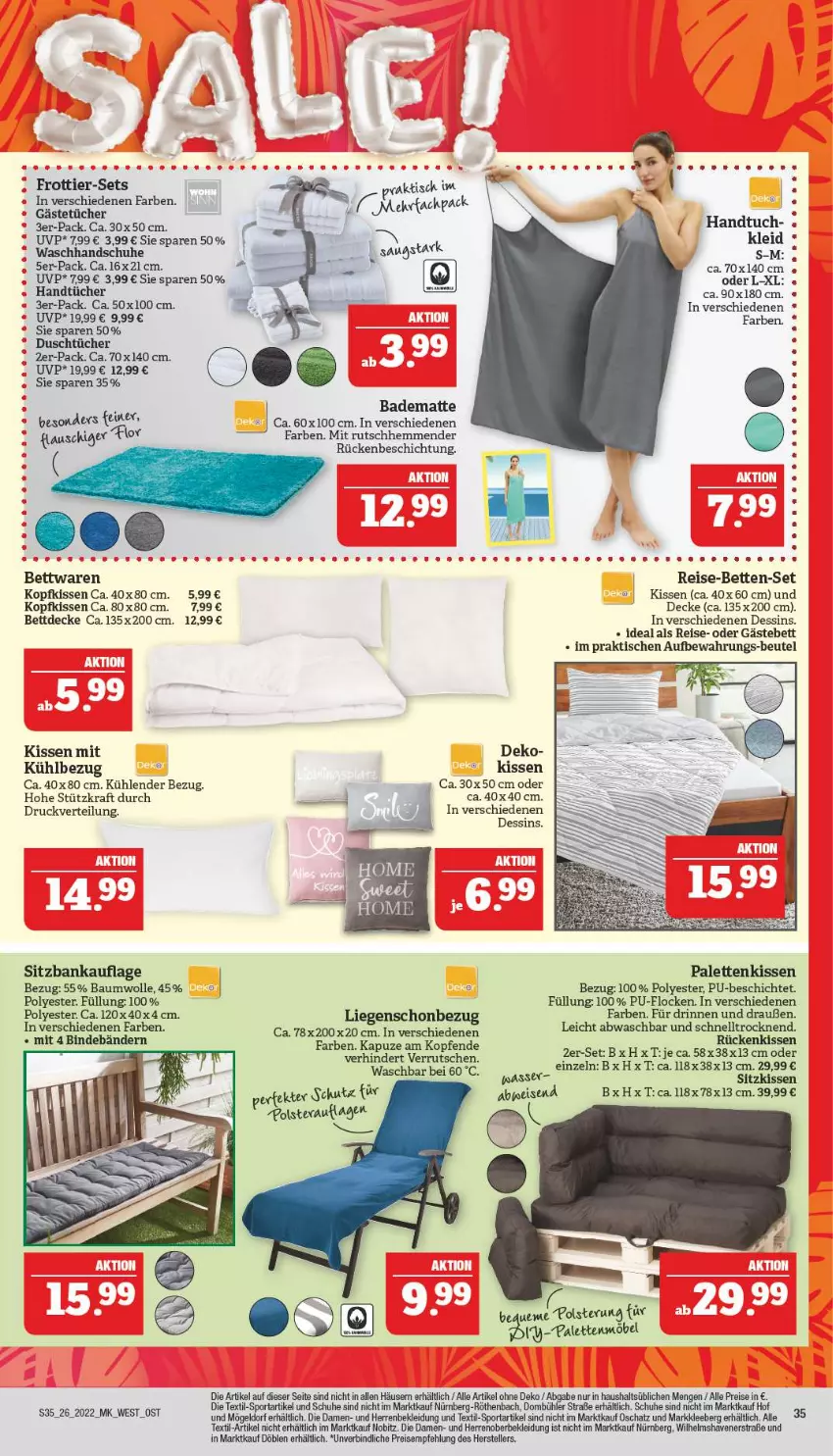 Aktueller Prospekt Marktkauf - Prospekt - von 26.06 bis 02.07.2022 - strona 39 - produkty: Bad, badematte, Bank, Bau, baumwolle, bett, Betten, beutel, decke, eis, elle, Frottier-Set, Gästebett, handschuhe, handtuch, HP, kissen, kleid, Kleidung, kopfkissen, kraft, Liege, möbel, Palette, Palettenkissen, reis, Rückenkissen, schuhe, sitzbank, sitzkissen, Sport, teller, Ti, tisch, tuc, tücher, waschhandschuh, wolle