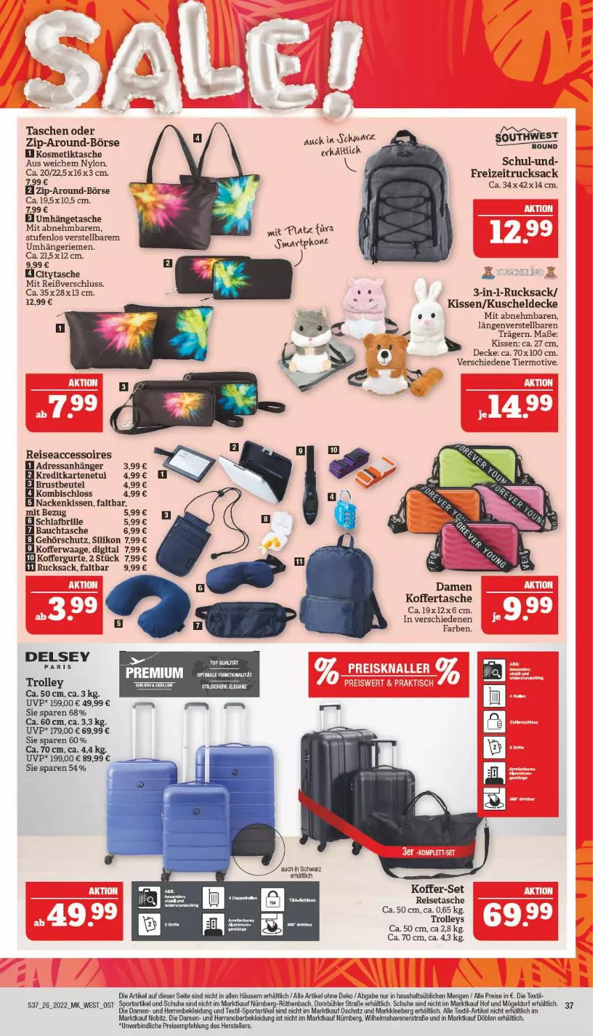 Aktueller Prospekt Marktkauf - Prospekt - von 26.06 bis 02.07.2022 - strona 41 - produkty: ACC, accessoires, Anhänger, Bau, beutel, Brille, decke, eis, elle, kissen, kleid, Kleidung, koffer, Kofferwaage, kosmetik, Kosmetiktasche, kuscheldecke, nackenkissen, reis, reisetasche, rucksack, sac, schuhe, Sport, Tasche, taschen, teller, Ti, trolley, umhängetasche, Waage