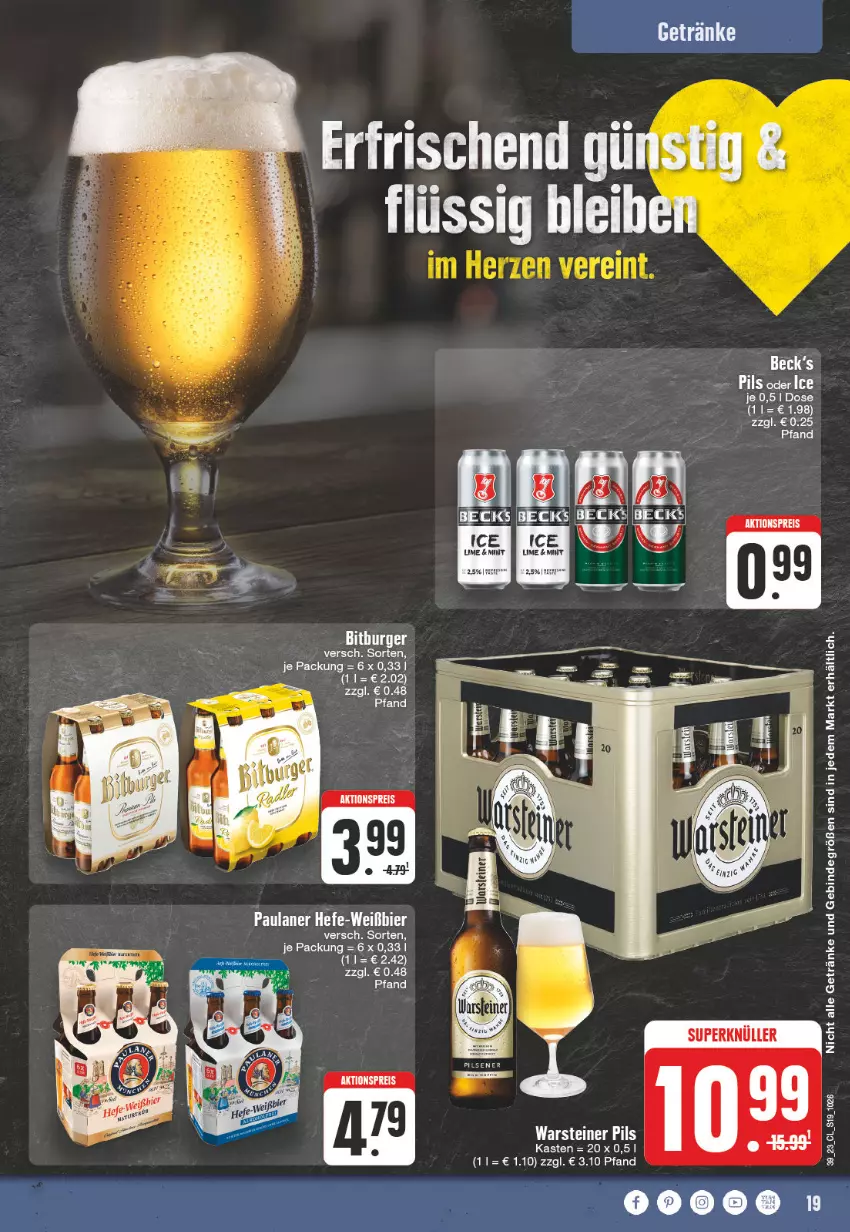 Aktueller Prospekt Edeka - Angebote der Woche - von 25.09 bis 30.09.2023 - strona 19 - produkty: aktionspreis, bier, eis, getränk, getränke, Hefe, hose, mint, Paula, paulaner, pils, reis, steiner, Ti, warsteiner