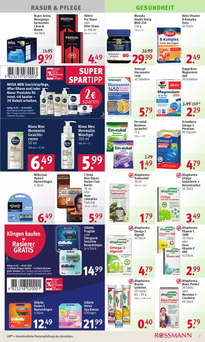 Aktueller Prospekt Rossmann - Prospekte - von 14.03 bis 18.03.2022 - strona 7 - produkty: Abtei, after shave, Altapharma, B-Komplex, Bau, bonbons, braun, brause, Brausetabletten, bree, coupon, cranberry, creme, doppelherz, eis, elle, Gesichtscreme, gesichtspflege, Gesundheit, gillette, gillette venus, gin, Glucosamin, honig, LG, magnesium, magnesium 400, nivea, Nivea Men, nuk, omega, Omega-3, rasierer, Rasierklinge, rasierklingen, Reinigung, reis, Schaebens, skinguard, spartipp, tablet, tablett, Tablette, tee, teller, Ti, Tiere, venus, vita, Vitamin B, Vitamin C, waschgel, wilkinson, zucker