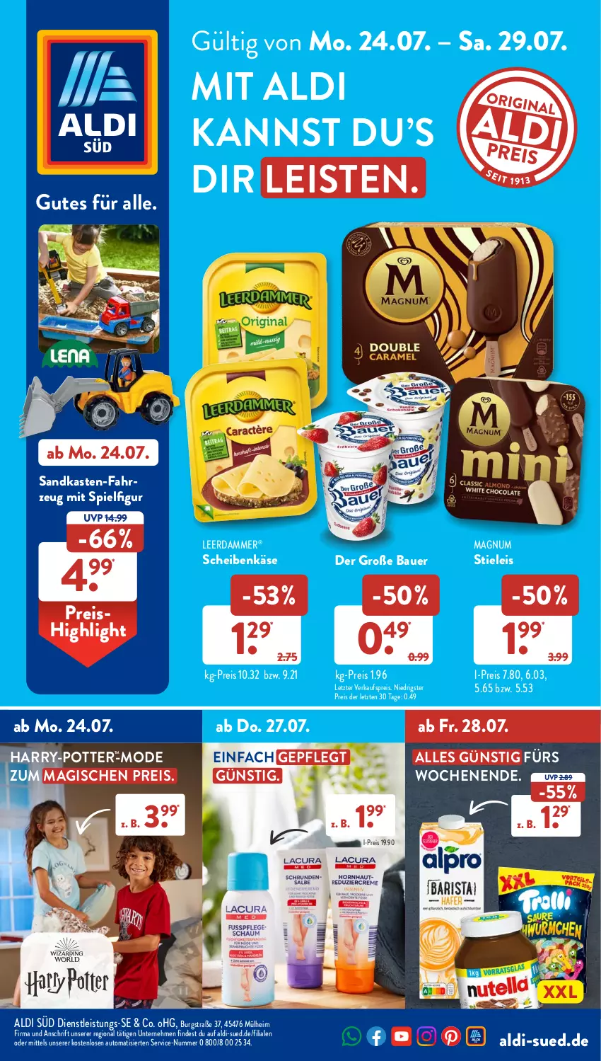 Aktueller Prospekt AldiSud - NÄCHSTE WOCHE - von 24.07 bis 29.07.2023 - strona 1 - produkty: aldi, auer, auto, Bau, Bauer, eis, Käse, leerdammer, magnum, Mode, ndk, reis, Sandkasten, stieleis, Ti, ZTE