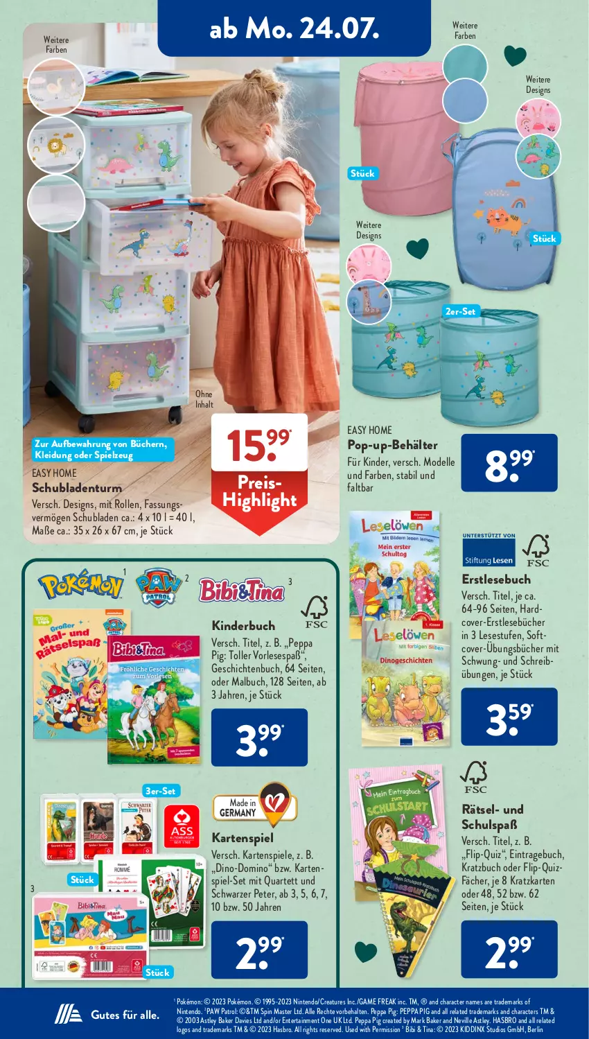 Aktueller Prospekt AldiSud - NÄCHSTE WOCHE - von 24.07 bis 29.07.2023 - strona 16 - produkty: Behälter, buch, dell, eis, elle, ente, Hasbro, Kartenspiel, Kinder, Kinderbuch, kleid, Kleidung, Malbuch, Mode, nintendo, Paw Patrol, Peppa Pig, reis, rel, schubladen, Schubladenturm, Spiele, spielzeug, Ti