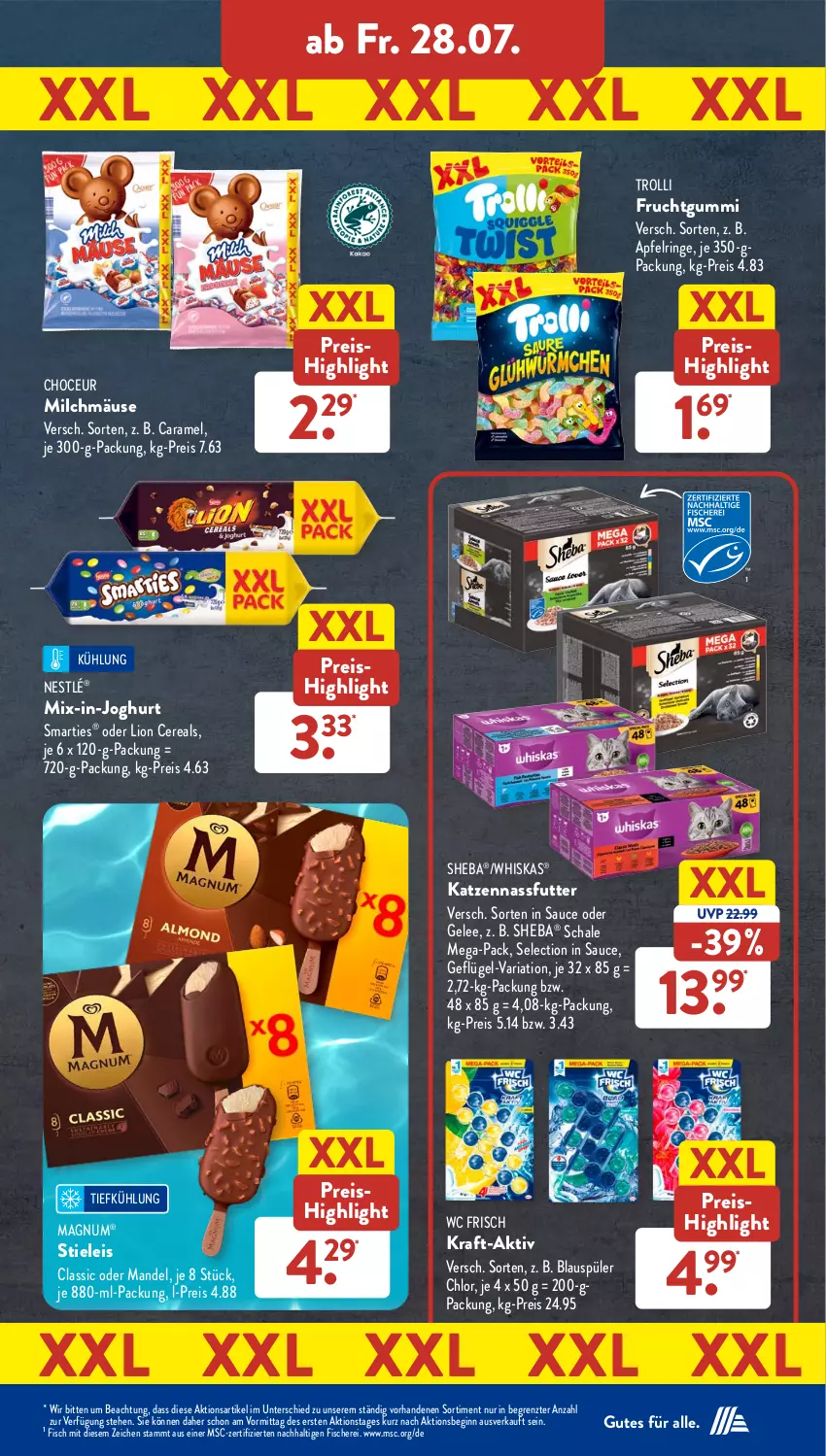 Aktueller Prospekt AldiSud - NÄCHSTE WOCHE - von 24.07 bis 29.07.2023 - strona 30 - produkty: apfel, caramel, cereals, eis, fisch, fische, Fischer, frucht, fruchtgummi, Geflügel, gelee, gin, joghur, joghurt, kraft, lion, magnum, mandel, milch, nassfutter, nestlé, reis, Ria, ring, sauce, Schal, Schale, Schere, sheba, smarties, stieleis, Ti, trolli, trolli fruchtgummi, wc frisch, whiskas, ZTE