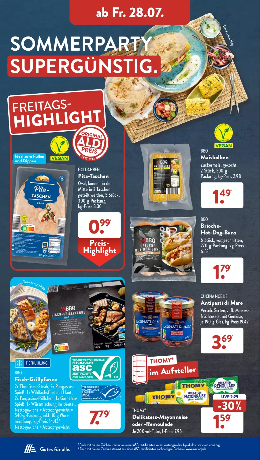 Aktueller Prospekt AldiSud - NÄCHSTE WOCHE - von 24.07 bis 29.07.2023 - strona 33 - produkty: antipasti, aqua, asti, beutel, cin, dip, eis, elle, erde, filet, fisch, fische, Fischer, früchte, garnelen, grill, Grillpfanne, lachs, lachsfilet, mais, mayonnaise, meeresfrüchte, mit gemüse, Pangasius, pfanne, reis, remoulade, salat, Schere, schnitten, steak, Tasche, taschen, teller, tesa, thomy, thunfisch, Ti, Wild, wildlachs, Yo, zucker, zuckermais