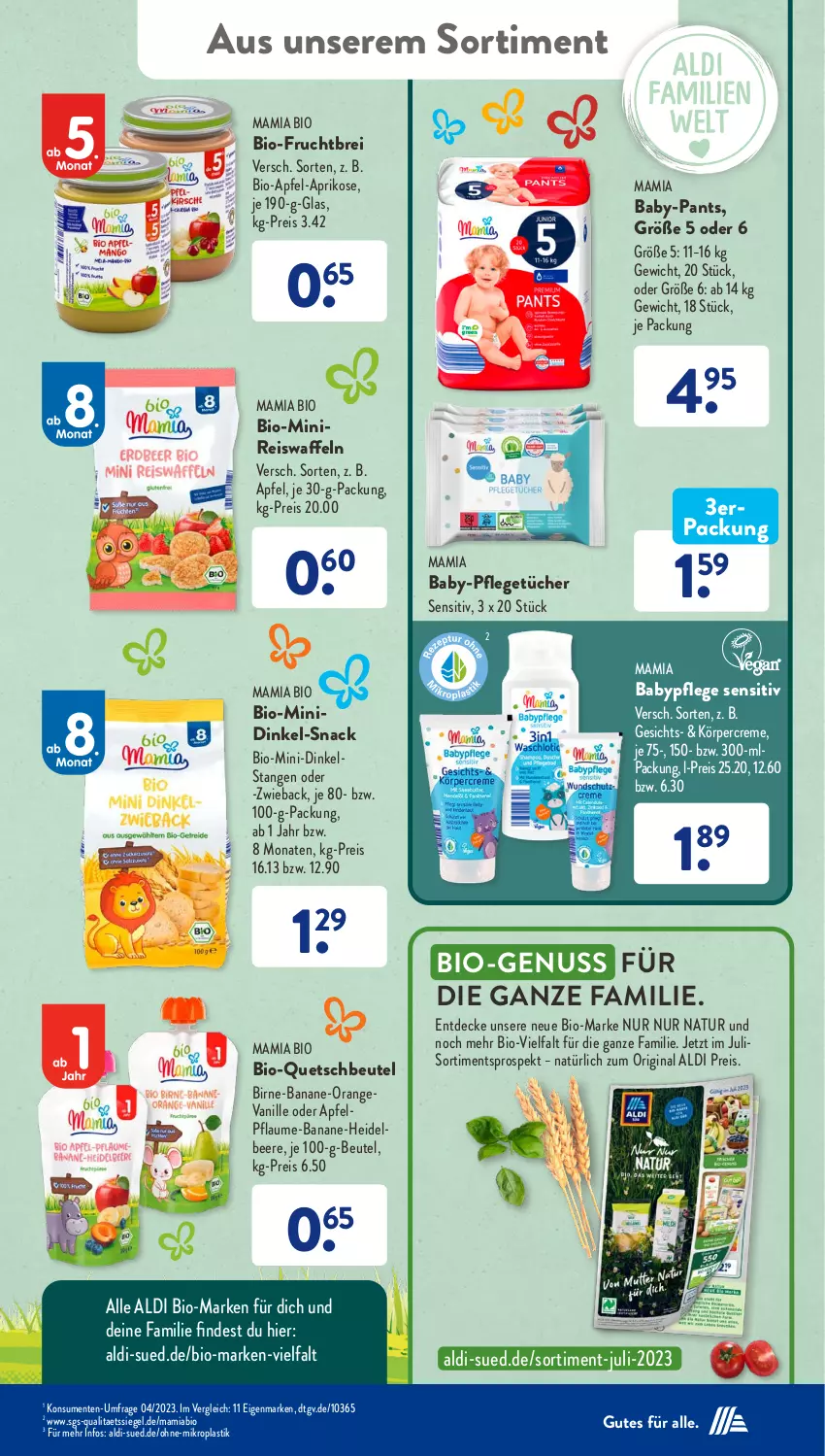 Aktueller Prospekt AldiSud - NÄCHSTE WOCHE - von 24.07 bis 29.07.2023 - strona 36 - produkty: aldi, apfel, aprikose, asti, banane, beere, beutel, bio, Brei, creme, decke, eis, eiswaffeln, ente, frucht, gin, heidelbeere, Körpercreme, mam, natur, nuss, orange, Pants, pflaume, quetschbeutel, reis, Reiswaffeln, snack, Ti, tücher, vanille, waffeln