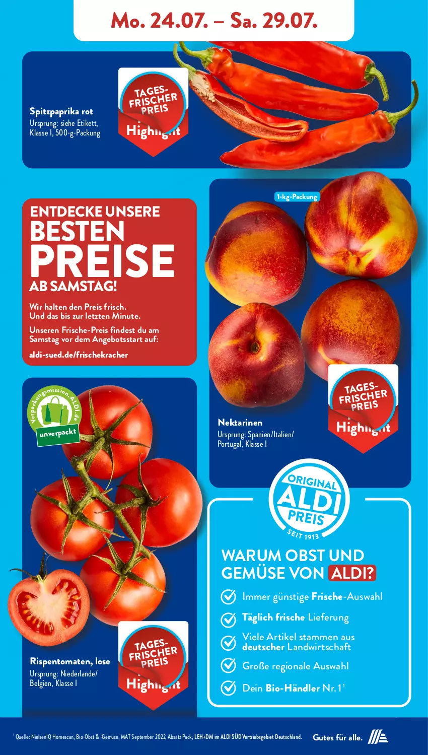 Aktueller Prospekt AldiSud - NÄCHSTE WOCHE - von 24.07 bis 29.07.2023 - strona 5 - produkty: aldi, angebot, bio, Bio-Obst, decke, eis, elle, kracher, LG, Nektar, nektarinen, obst, Obst und Gemüse, paprika, paprika rot, reis, rispentomaten, rum, Spitzpaprika, Ti, tomate, tomaten, und gemüse, ZTE