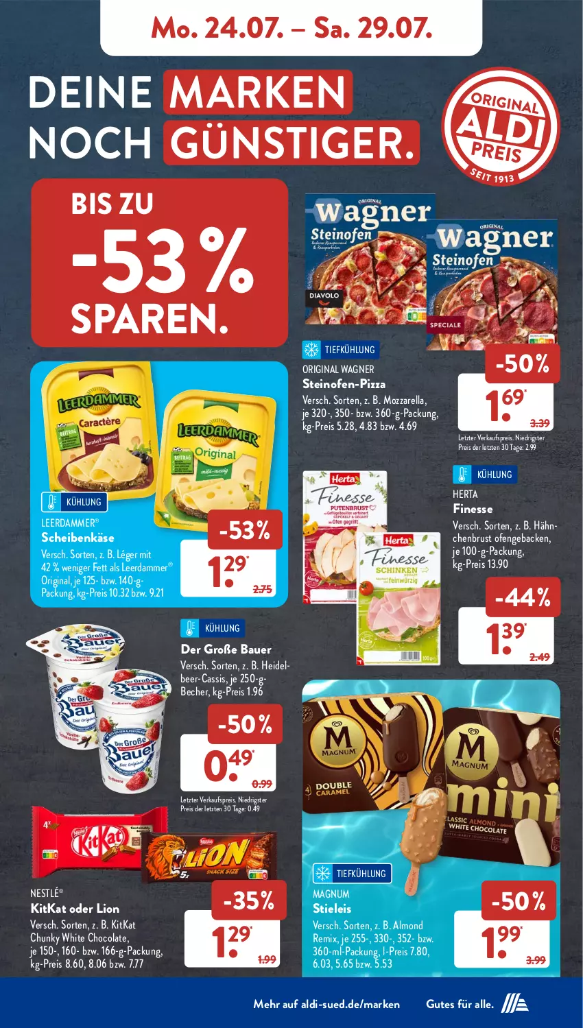 Aktueller Prospekt AldiSud - NÄCHSTE WOCHE - von 24.07 bis 29.07.2023 - strona 7 - produkty: aldi, auer, Bau, Bauer, Becher, cassis, cola, eis, finesse, geback, gin, hähnchenbrust, herta, Käse, kitkat, leerdammer, lion, magnum, mozzarella, nestlé, Ofen, original wagner, pizza, reis, rel, steinofen, stieleis, Ti, wagner, white chocolate, ZTE