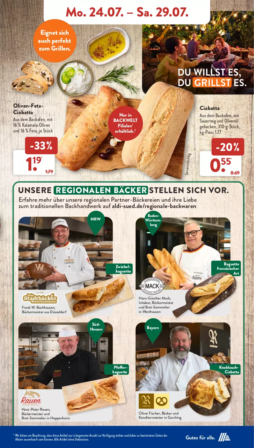 Aktueller Prospekt AldiSud - NÄCHSTE WOCHE - von 24.07 bis 29.07.2023 - strona 9 - produkty: aldi, alle artikel ohne dekoration, auer, backofen, backwaren, Bad, baguette, brot, ciabatta, dekoration, eis, elle, feta, fisch, fische, Fischer, geback, grill, knoblauch, mac, Meister, Ofen, olive, oliven, olivenöl, pfeffer, reis, Ti, ZTE, zwiebel