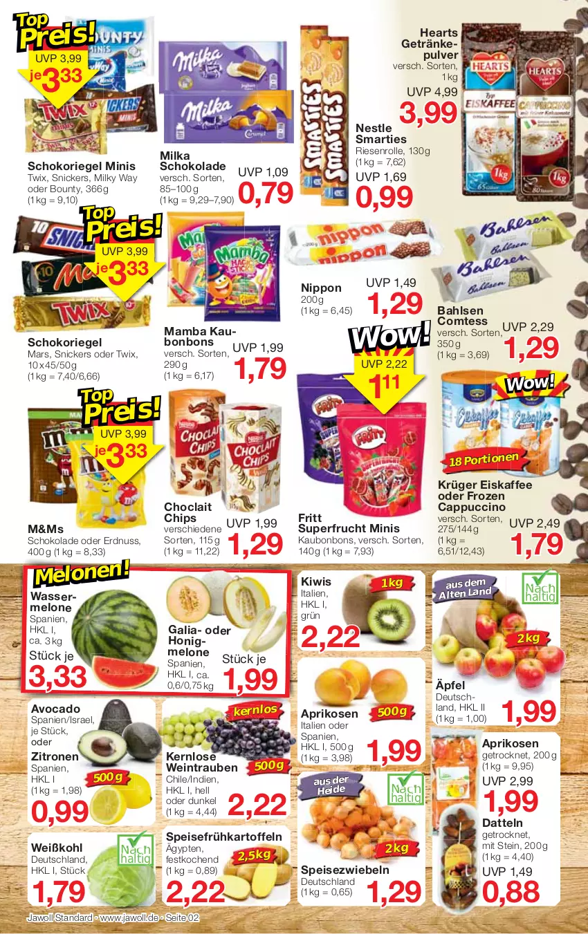 Aktueller Prospekt Jawoll - Prospekte - von 03.07 bis 09.07.2022 - strona 2 - produkty: aprikose, aprikosen, avocado, bahlsen, bonbons, bounty, Cap, cappuccino, chips, choclait chips, cin, comtess, Datteln, eis, eiskaffee, erdnuss, frucht, Frühkartoffeln, getränk, getränke, getränkepulver, honig, honigmelone, kaffee, kartoffel, kartoffeln, kiwi, krüger, mam, mars, melone, milka, milka schokolade, milky way, nippon, nuss, oder twix, riegel, schoko, schokolade, schokoriegel, smarties, snickers, speisefrühkartoffeln, Speisezwiebeln, Ti, trauben, twix, wasser, wassermelone, wein, Weißkohl, zitrone, zitronen, zwiebel, zwiebeln