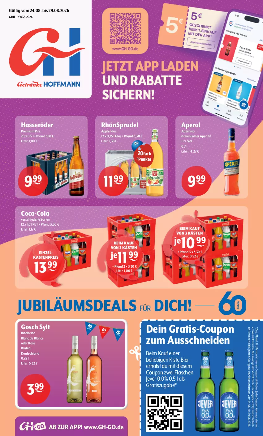 Aktueller Prospekt Getraenke Hoffmann - Prospekte - von 24.08 bis 29.08.2026 - strona 1 - produkty: aperitif, aperol, Apple, Bad, bier, coca-cola, cola, coupon, de blancs, eis, erde, flasche, hasseröder, jever, Jubiläums, LG, pils, premium pils, reis, RhönSprudel, rwe, Sprudel, Ti