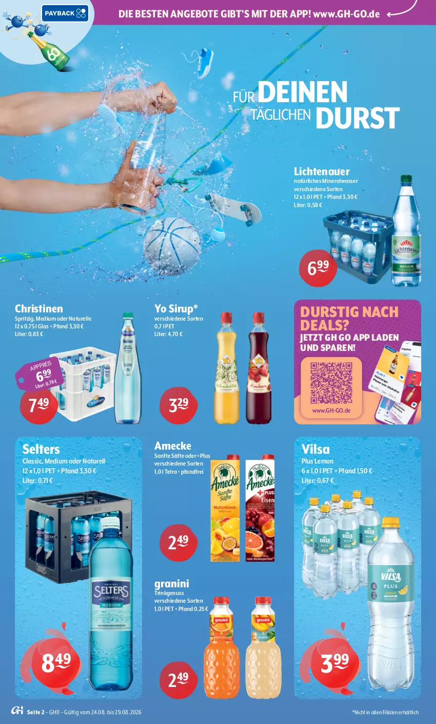 Aktueller Prospekt Getraenke Hoffmann - Prospekte - von 24.08 bis 29.08.2026 - strona 2 - produkty: Alwa, amecke, angebot, angebote, auer, eis, elle, granini, lichtenauer, mineralwasser, natur, natürliches mineralwasser, nuss, rel, säfte, Selters, sirup, Ti, vilsa, wasser, Yo