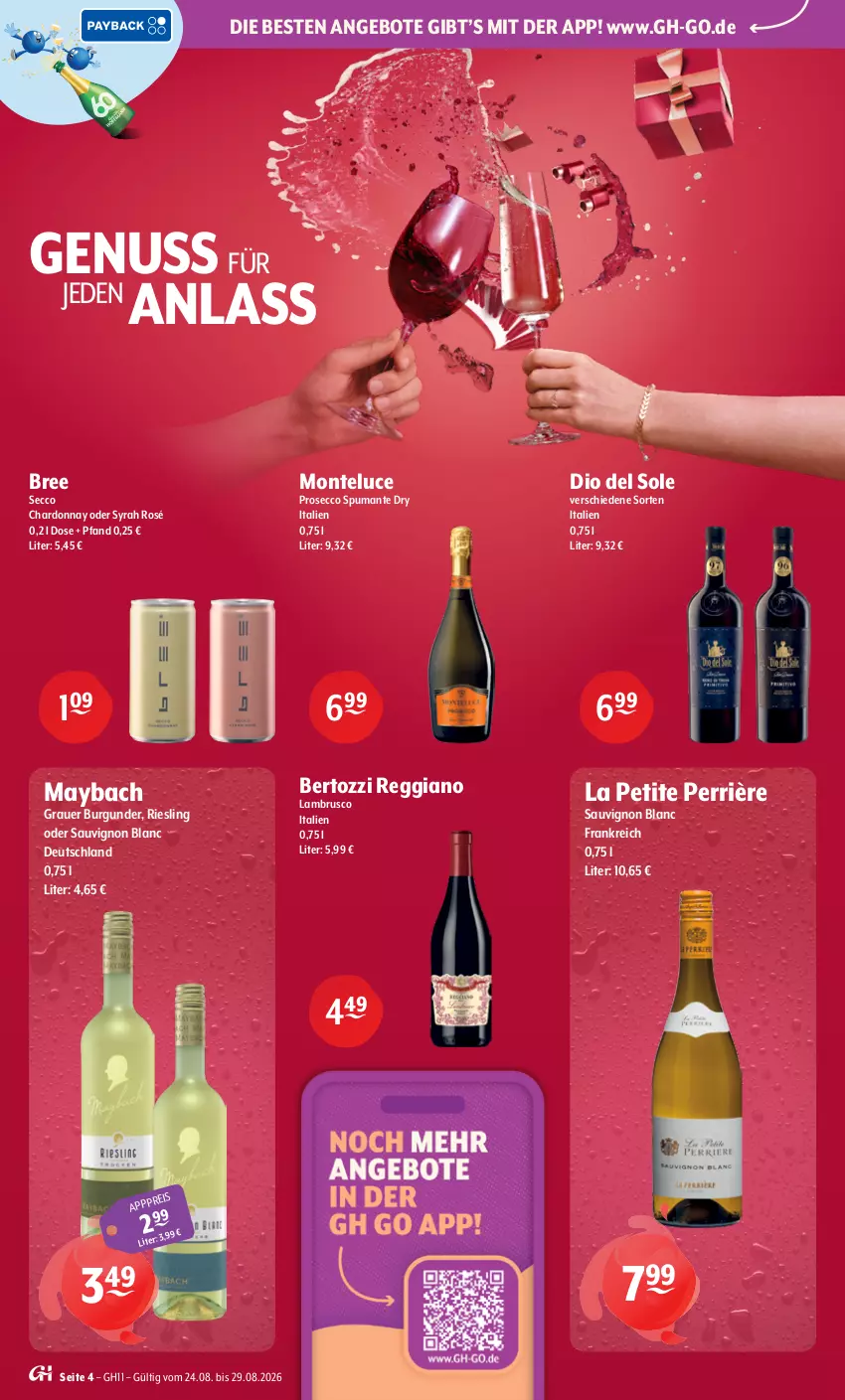 Aktueller Prospekt Getraenke Hoffmann - Prospekte - von 24.08 bis 29.08.2026 - strona 4 - produkty: angebot, angebote, auer, bree, burgunder, chardonnay, ecco, eis, grauer burgunder, Lambrusco, maybach, monte, nuss, prosecco, puma, reggiano, riesling, sauvignon, sauvignon blanc, spumante, Ti