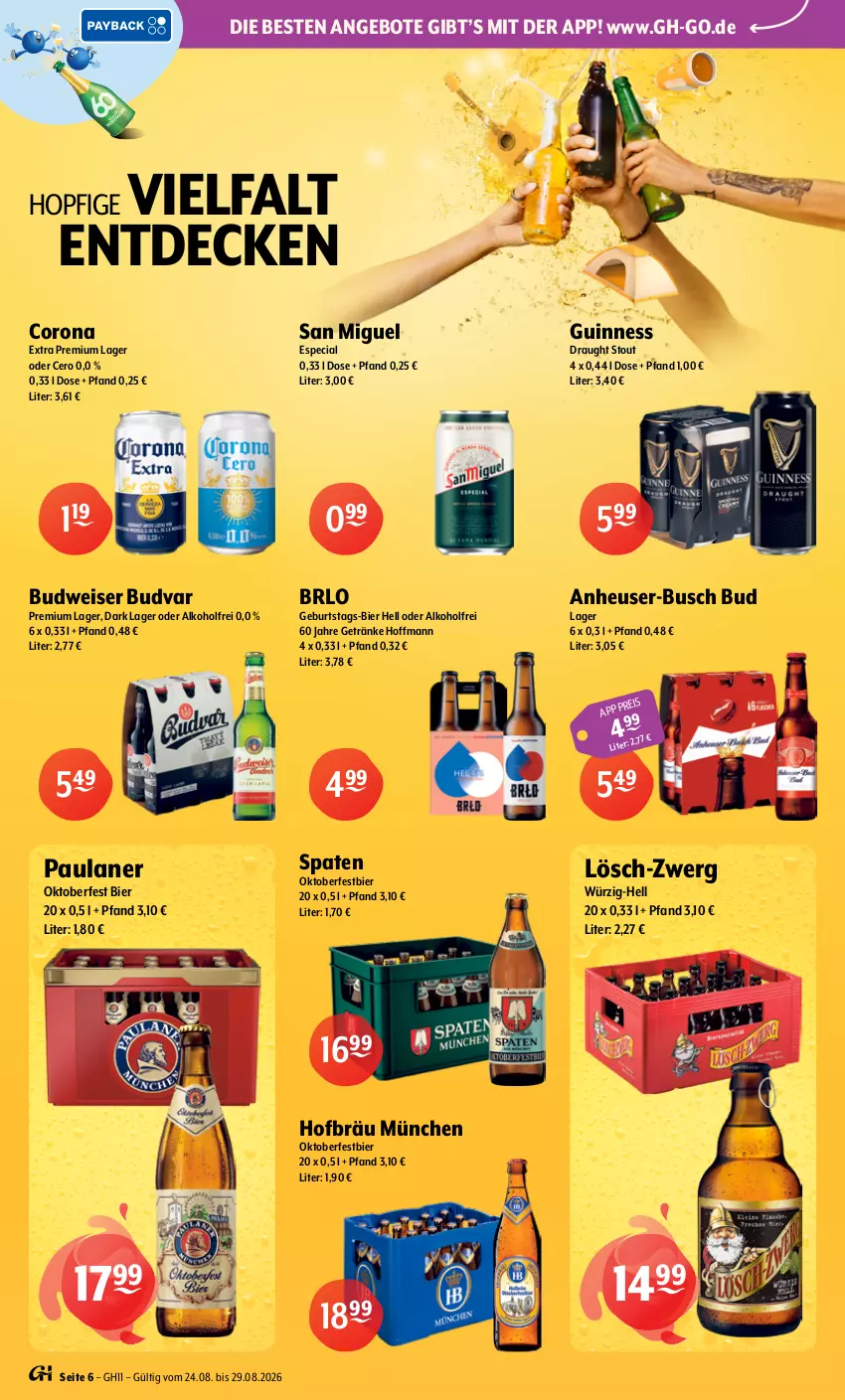 Aktueller Prospekt Getraenke Hoffmann - Prospekte - von 24.08 bis 29.08.2026 - strona 6 - produkty: alkohol, angebot, angebote, bier, BRLO, budweiser, corona, corona extra, decke, eis, getränk, getränke, Guinness, Heu, Paula, paulaner, Spaten, Ti