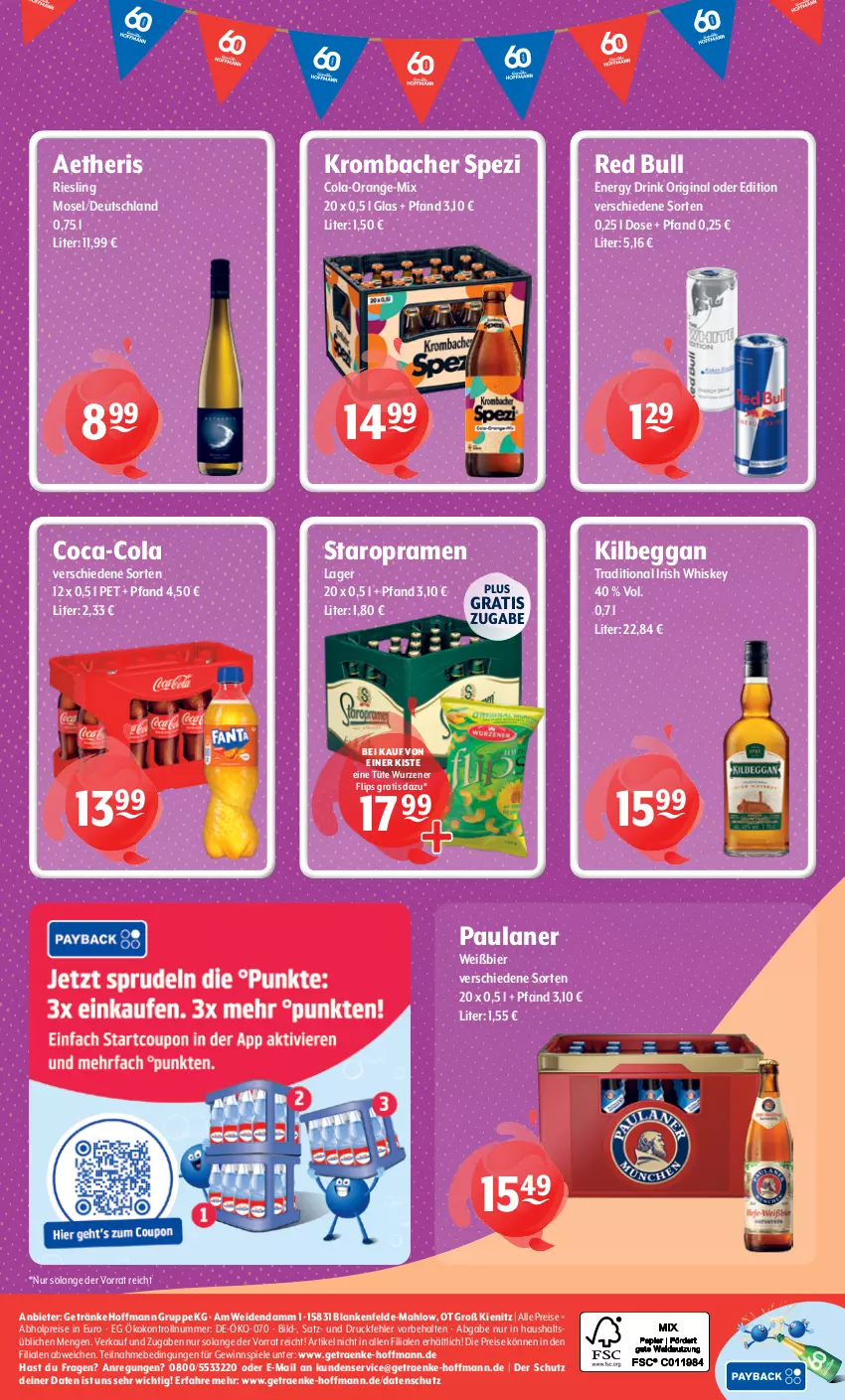 Aktueller Prospekt Getraenke Hoffmann - Prospekte - von 24.08 bis 29.08.2026 - strona 8 - produkty: abholpreise, bier, coca-cola, cola, drink, eis, energy drink, getränk, getränke, gewinnspiel, gin, irish whiskey, kilbeggan, krombache, krombacher, orange, Paula, paulaner, red bull, reis, riesling, Spezi, Spiele, Staropramen, Ti, Tüte, whiskey