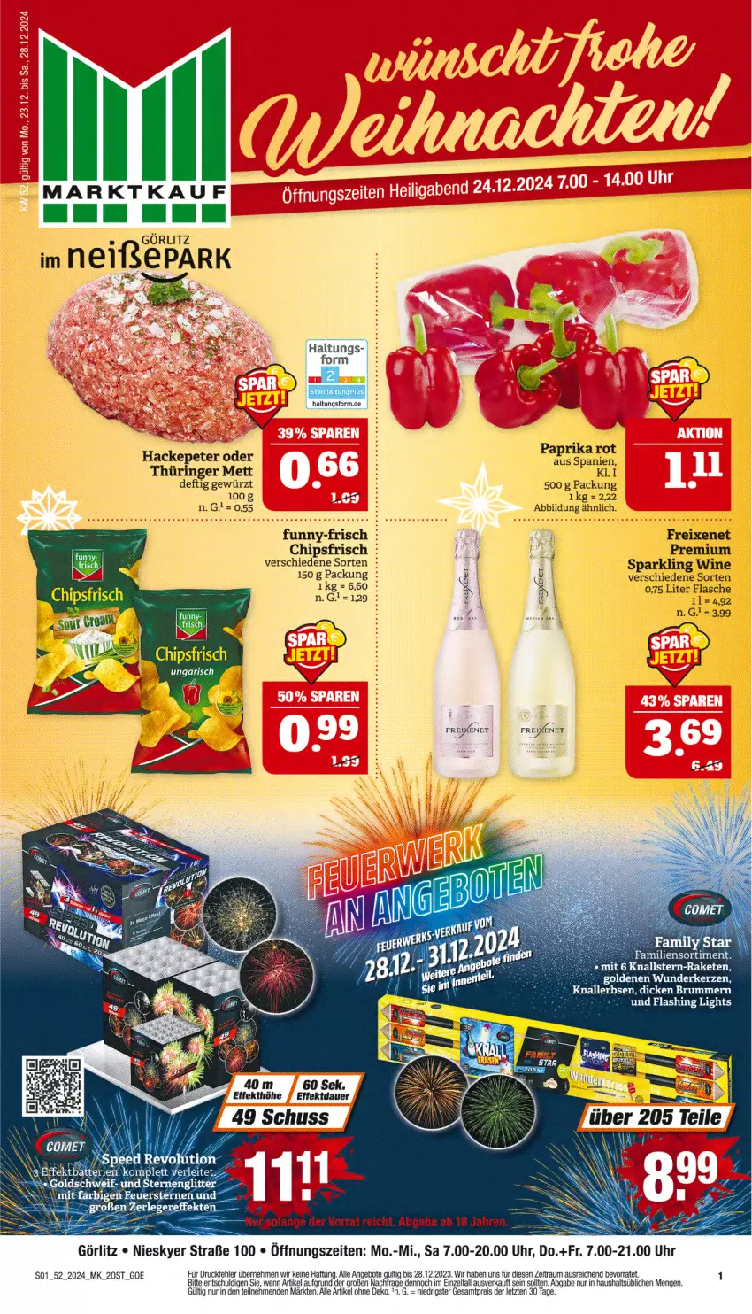 Aktueller Prospekt Marktkauf - Prospekt - von 22.12 bis 28.12.2024 - strona 1 - produkty: angebot, angebote, auer, chips, chipsfrisch, eis, erbsen, flasche, freixenet, funny-frisch, gewürz, kerze, Mett, paprika, paprika rot, Raketen, reis, ring, rum, tee, Ti, uhr, ZTE