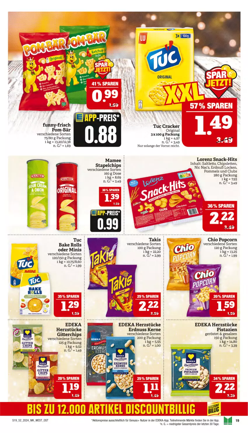 Aktueller Prospekt Marktkauf - Prospekt - von 22.12 bis 28.12.2024 - strona 19 - produkty: aktionspreis, chips, cracker, deka, eis, erdnuss, funny-frisch, gin, lorenz, mam, nic nac's, nuss, pistazien, pom-bär, Pommels, popcorn, reis, saltletts, salz, snack, Ti, tuc, ZTE