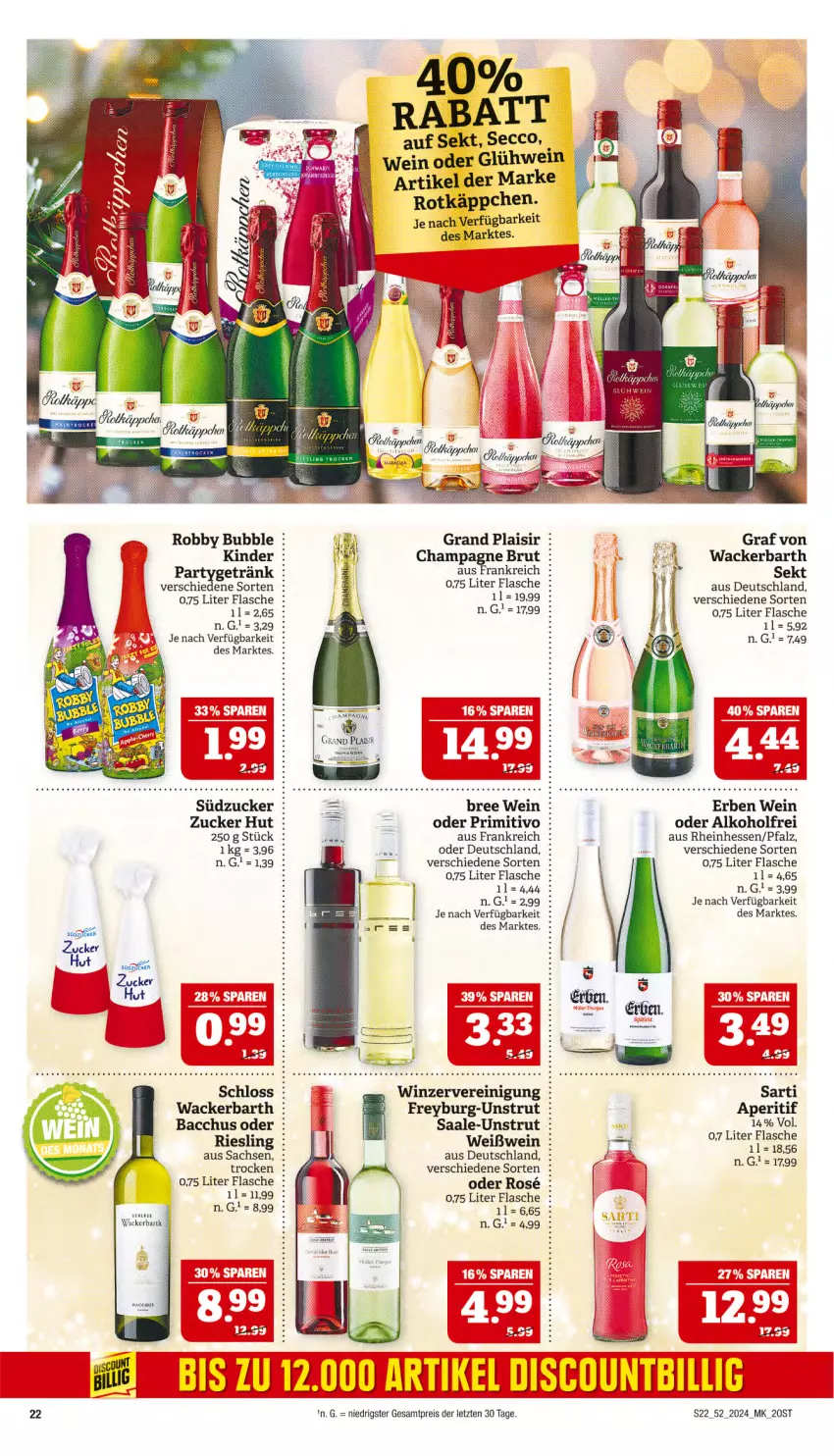 Aktueller Prospekt Marktkauf - Prospekt - von 22.12 bis 28.12.2024 - strona 22 - produkty: ACC, alkohol, bree, brut, champagne, ecco, eis, flasche, Glühwein, Kinder, primitivo, Reinigung, reis, riesling, robby, rotkäppchen, sac, sekt, südzucker, Ti, wein, Weißwein, ZTE, zucker