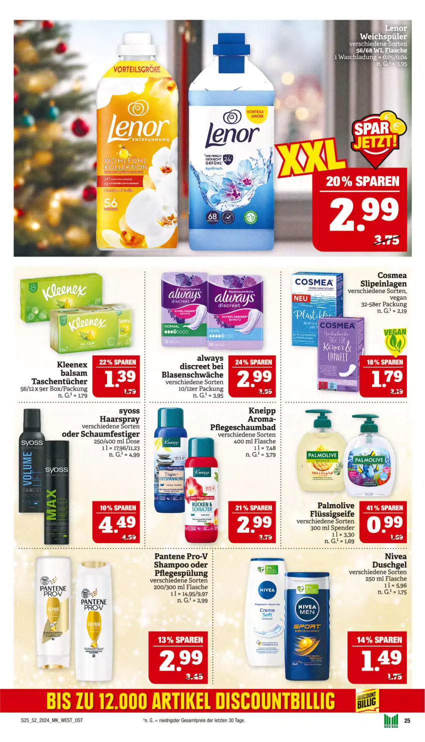 Aktueller Prospekt Marktkauf - Prospekt - von 22.12 bis 28.12.2024 - strona 25 - produkty: Alwa, Always, Bad, balsam, cosmea, Discreet, duschgel, eis, flasche, flüssigseife, haarspray, kneipp, natur, natura, nivea, oder schaumfestiger, olive, palmolive, pantene, pantene pro-v, Pflegespülung, pro-v, reis, schaumbad, schaumfestiger, Seife, shampoo, slip, slipeinlagen, spülung, syoss, Tasche, taschen, taschentücher, Ti, tücher, Yo, ZTE