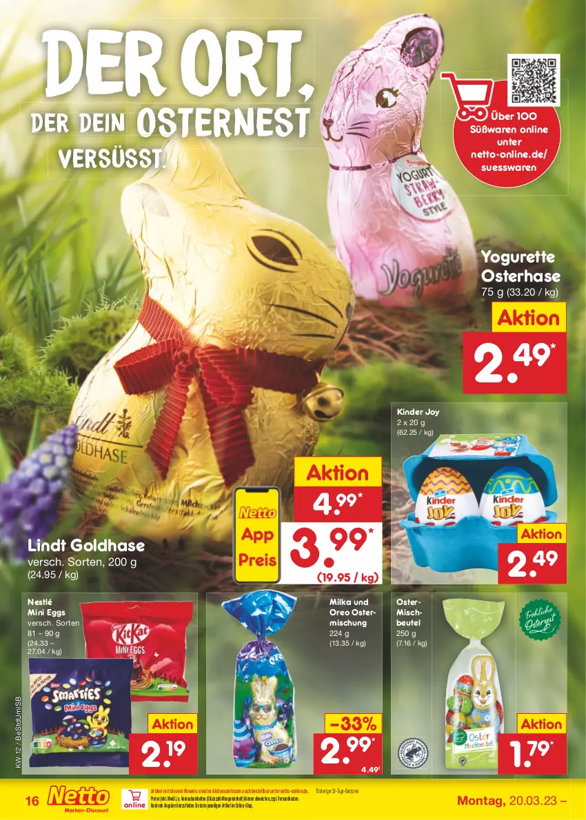 Aktueller Prospekt Netto Marken-Discount - Filial-Angebote - von 20.03 bis 25.03.2023 - strona 16 - produkty: bestpreis, beutel, eis, Kinder, lindt, milka, ndk, nestlé, oreo, reis, Ti, Yo, yogurette