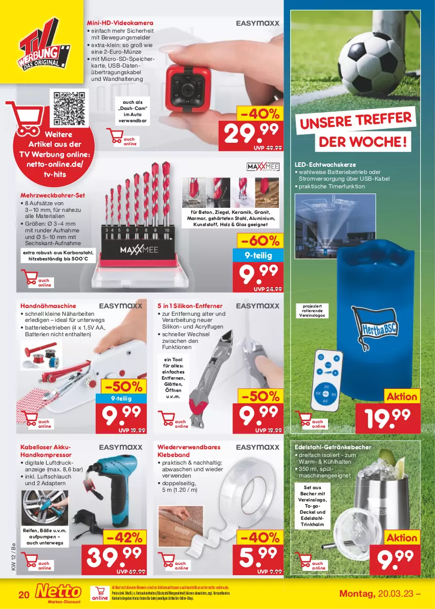 Aktueller Prospekt Netto Marken-Discount - Filial-Angebote - von 20.03 bis 25.03.2023 - strona 20 - produkty: adapter, akku, auto, batterie, batterien, Beba, Becher, Bohrer-Set, decke, Deckel, deo, edelstahl, eis, elle, getränk, getränke, Holz, kamera, kerze, kompressor, leine, Nähmaschine, ndk, reifen, reis, Ria, rwe, schlauch, speicherkarte, spülmaschinen, Ti, Tiere, timer, tisch, usb, wandhalterung, weck