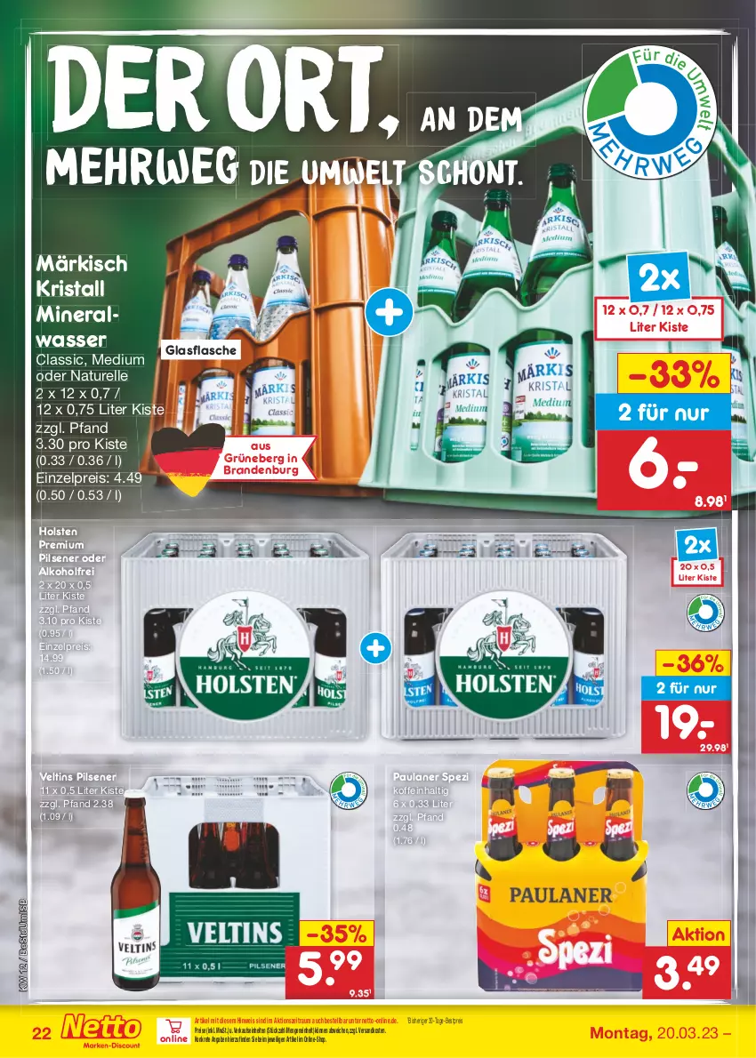 Aktueller Prospekt Netto Marken-Discount - Filial-Angebote - von 20.03 bis 25.03.2023 - strona 22 - produkty: alkohol, Alwa, bestpreis, eis, elle, flasche, glasflasche, holsten, mineralwasser, natur, ndk, Paula, paulaner, pils, pilsener, premium pils, reis, rel, rwe, Spezi, Ti, veltins, veltins pilsener, wasser