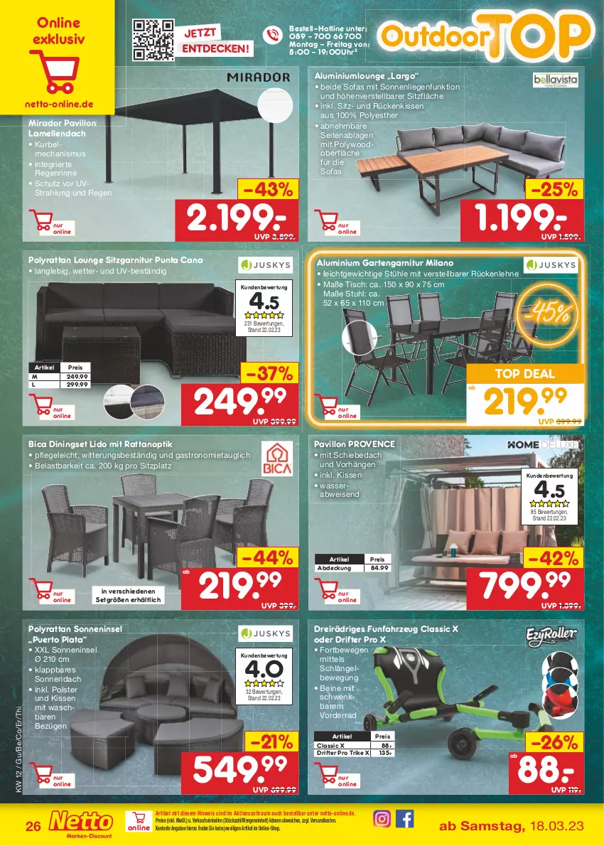 Aktueller Prospekt Netto Marken-Discount - Filial-Angebote - von 20.03 bis 25.03.2023 - strona 26 - produkty: decke, eis, elle, garnitur, Garten, kissen, Liege, ndk, pavillon, reis, Rückenkissen, rückenlehne, Sofa, sonnenliege, Stühl, stuhl, Ti, tisch, uhr, wasser