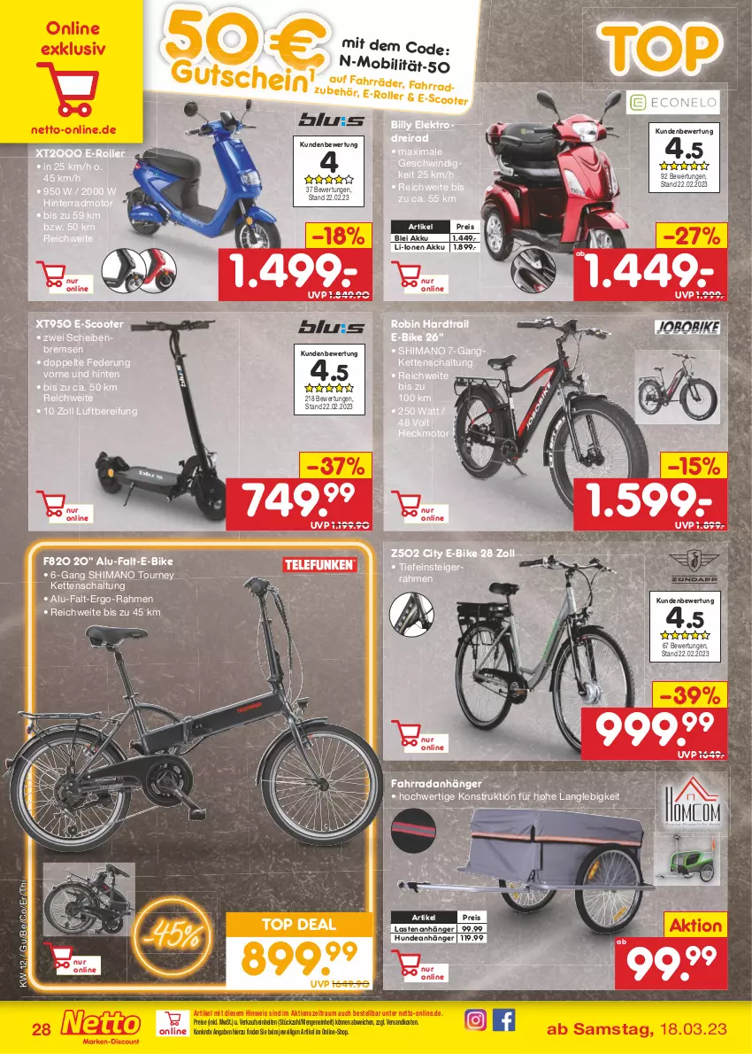 Aktueller Prospekt Netto Marken-Discount - Filial-Angebote - von 20.03 bis 25.03.2023 - strona 28 - produkty: akku, Anhänger, Dreirad, E-Bike, E-Roller, eis, Elektro, Fahrrad, Kette, ndk, reis, Roller, Schal, scooter, shimano, Ti