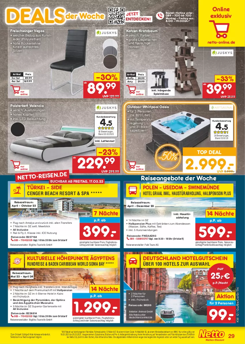 Aktueller Prospekt Netto Marken-Discount - Filial-Angebote - von 20.03 bis 25.03.2023 - strona 29 - produkty: angebot, angebote, aust, Bad, Bau, beleuchtung, bett, buch, decke, E-Roller, eis, elle, Fahrrad, Freischwinger, Garten, getränk, getränke, gutschein, gutscheine, kaffee, Kratzbaum, latte, lattenrost, leitz, LG, Liege, milch, ndk, polsterbett, pool, pril, reis, reiseveranstalter, rel, Roller, rückenlehne, säfte, scooter, tee, telefon, Ti, tisch, uhr, wasser, Whirlpool, ZTE