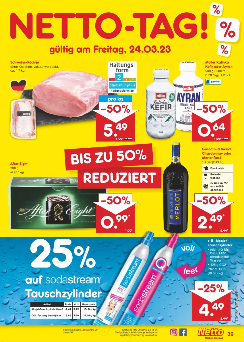 Aktueller Prospekt Netto Marken-Discount - Filial-Angebote - von 20.03 bis 25.03.2023 - strona 39 - produkty: after eight, angebot, Ayran, bestpreis, chardonnay, eis, grand sud, Käse, Kefir, merl, merlot, Müller, reis, rotwein, schwein, schweine, Sprudel, Ti, wasser, wein, weine, ZTE