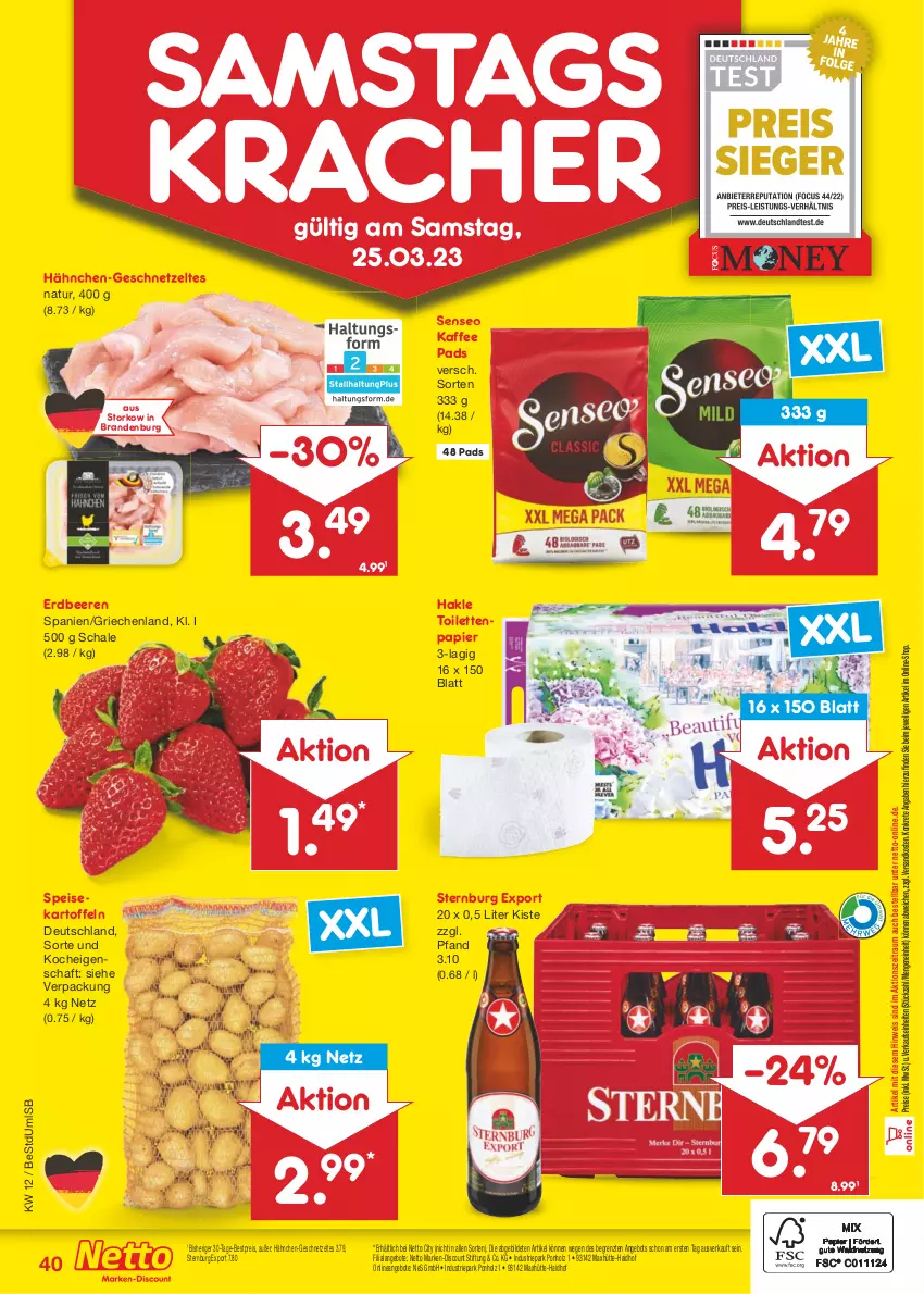 Aktueller Prospekt Netto Marken-Discount - Filial-Angebote - von 20.03 bis 25.03.2023 - strona 40 - produkty: angebot, angebote, beere, beeren, bestpreis, discount, eis, erdbeere, erdbeeren, geschnetzeltes, hakle, hakle toilettenpapier, Holz, kaffee, kartoffel, kartoffeln, kracher, marken-discount, natur, ndk, papier, reis, Schal, Schale, senseo, speisekartoffeln, Sternburg, Ti, toilettenpapier, Zelt, ZTE