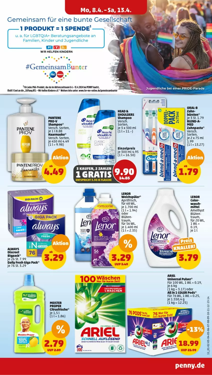 Aktueller Prospekt Penny - Prospekte - von 08.04 bis 13.04.2024 - strona 11 - produkty: Alwa, Always, angebot, angebote, ariel, Blüte, bürste, bürsten, citrus, Discreet, eis, flasche, Kinder, lenor, lenor weichspüler, LG, Maske, Meister, oral-b, pantene, pasta, Pods, pril, pro-v, reis, shampoo, Ti, universal pulver, wasser, weichspüler, zahnpasta