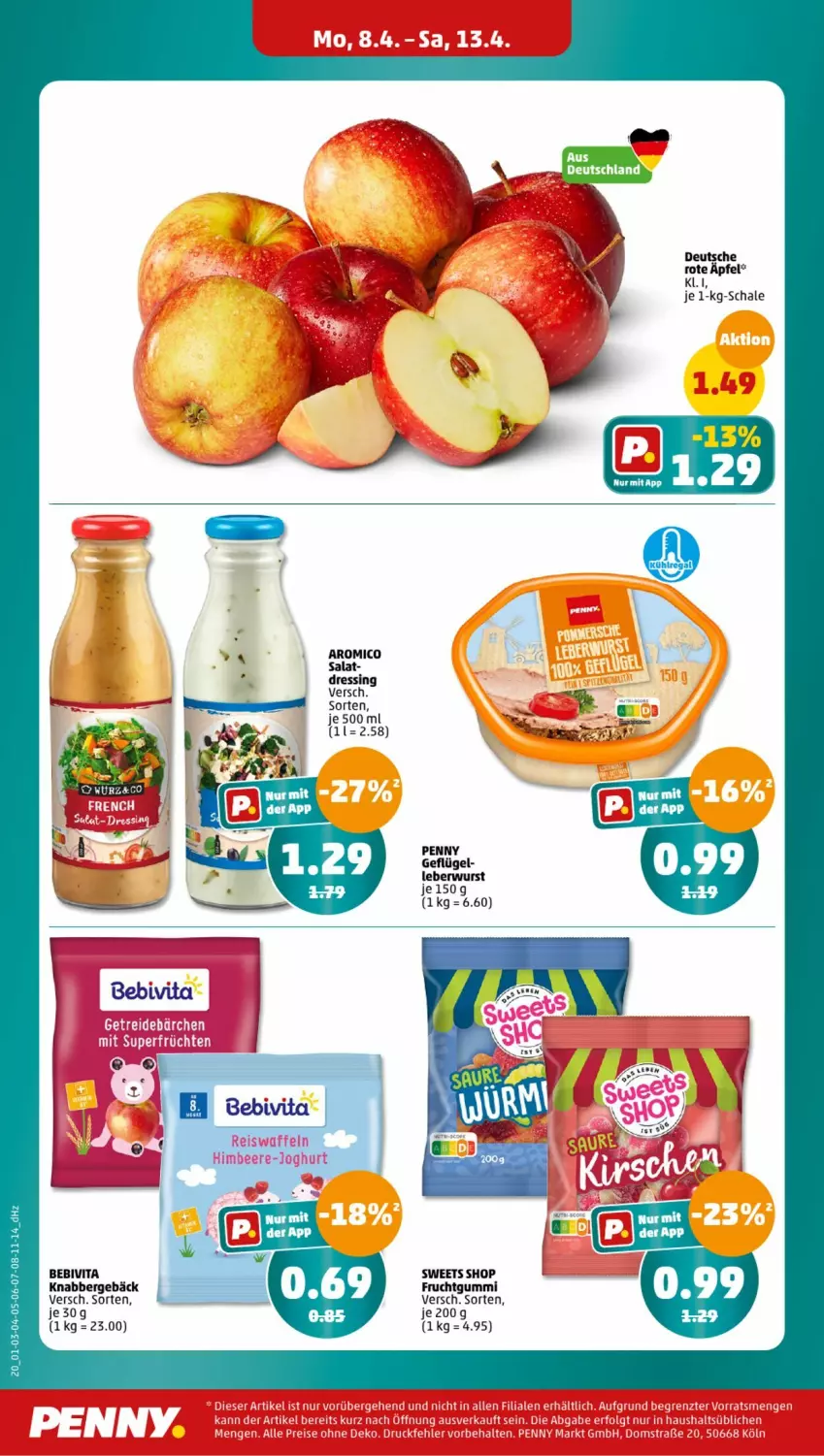 Aktueller Prospekt Penny - Prospekte - von 08.04 bis 13.04.2024 - strona 20 - produkty: bebivita, dressing, frucht, fruchtgummi, Geflügel, leberwurst, salat, Schal, Schale, vita, wurst