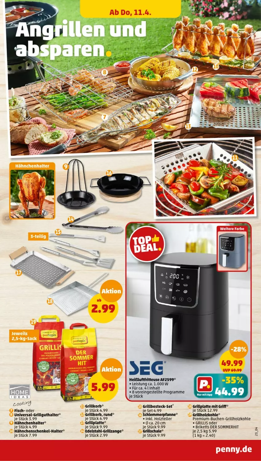 Aktueller Prospekt Penny - Prospekte - von 08.04 bis 13.04.2024 - strona 23 - produkty: besteck, besteck-set, briketts, buch, edelstahl, eis, elle, fisch, fritteuse, grill, grillholzkohle, grillplatte, grillzange, hähnchenschenkel, Hähnchenschenkel-Halter, Heißluftfritteuse, henkel, Holz, holzkohle, korb, latte, LG, pfanne, Schal, Schale, schenkel, teller, ZTE